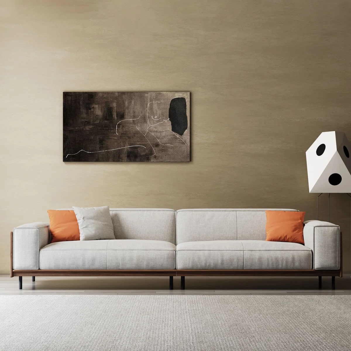 luck idea - 111.81" Mid-Century 4-Seater Sofa, Linen Fabric Couch with Walnut Wood Arm Panels & 3 Throw Pillows for Living Room - Gray