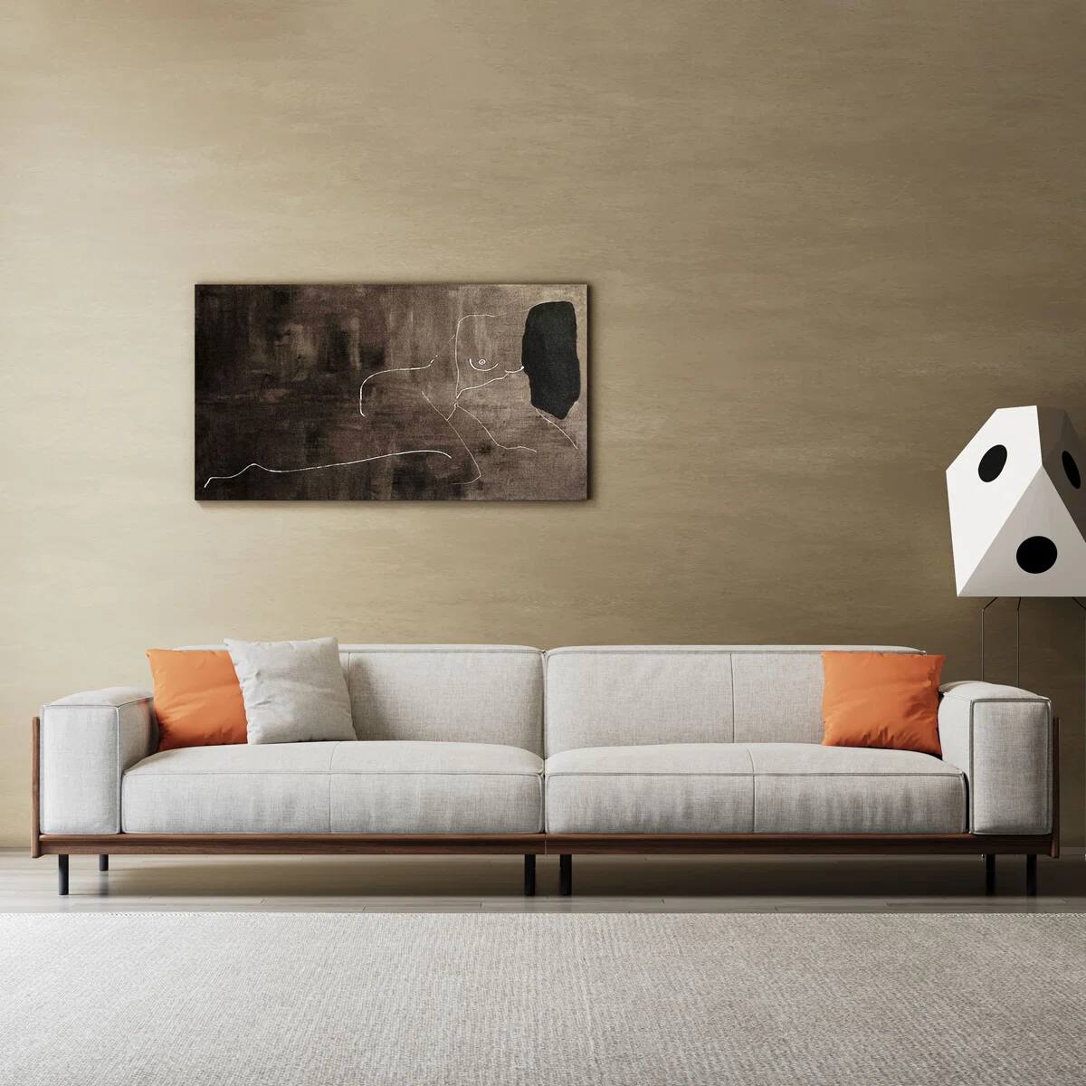Front. luck idea - 111.81" Mid-Century 4-Seater Sofa, Linen Fabric Couch with Walnut Wood Arm Panels & 3 Throw Pillows for Living Room - Gray.