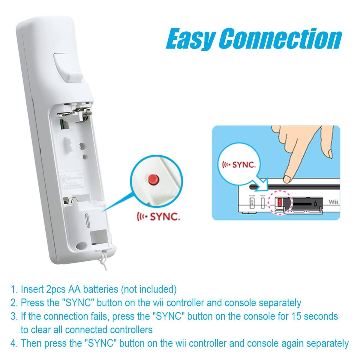 Easy Connection

1. Insert 2pcs AA batteries (not included)
2. Press the "SYNC" button on the Wii controller and console separately
3. If the connection fails, press the "SYNC" button on the console for 15 seconds to clear all connected controllers
4. Then press the "SYNC" button on the Wii controller and console again separately