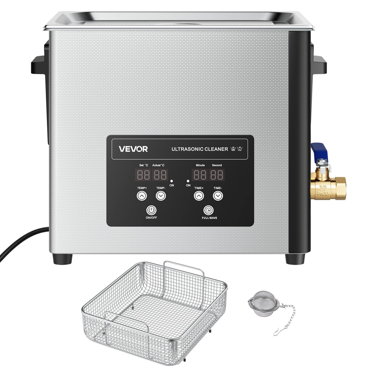 VEVOR  
ULTRASONIC CLEANER  
Set °C  
Actual °C  
Minute  
Second  
TEMP+  
ON TEMP-  
ON TIME+  
TIME-  
3/3 PNGO  
ON/OFF  
FULL WAVE