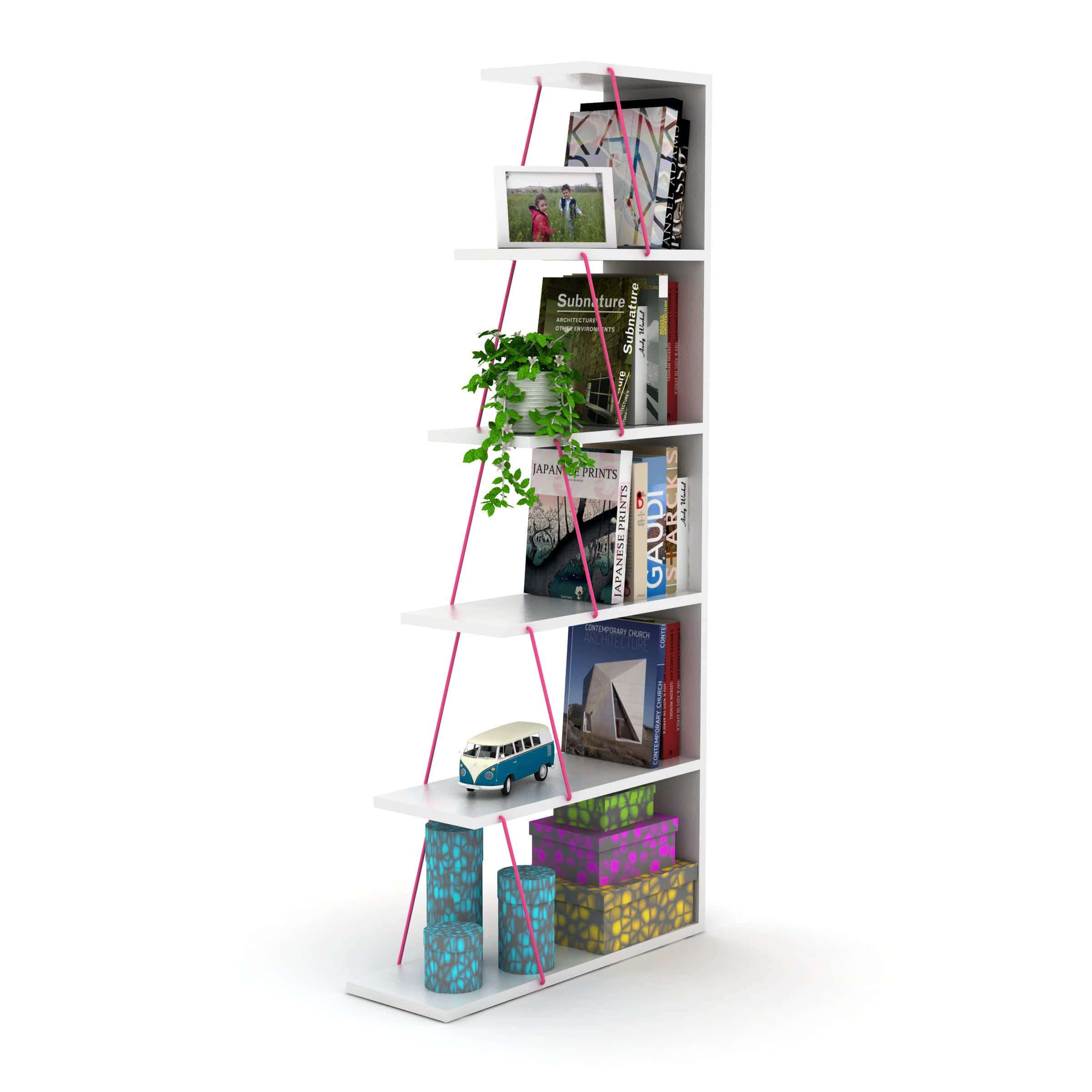 TinyHomie - Furnish Home Store Modern 5 Tier Ladder Bookshelf Organizers Narrow Bookshelf - White