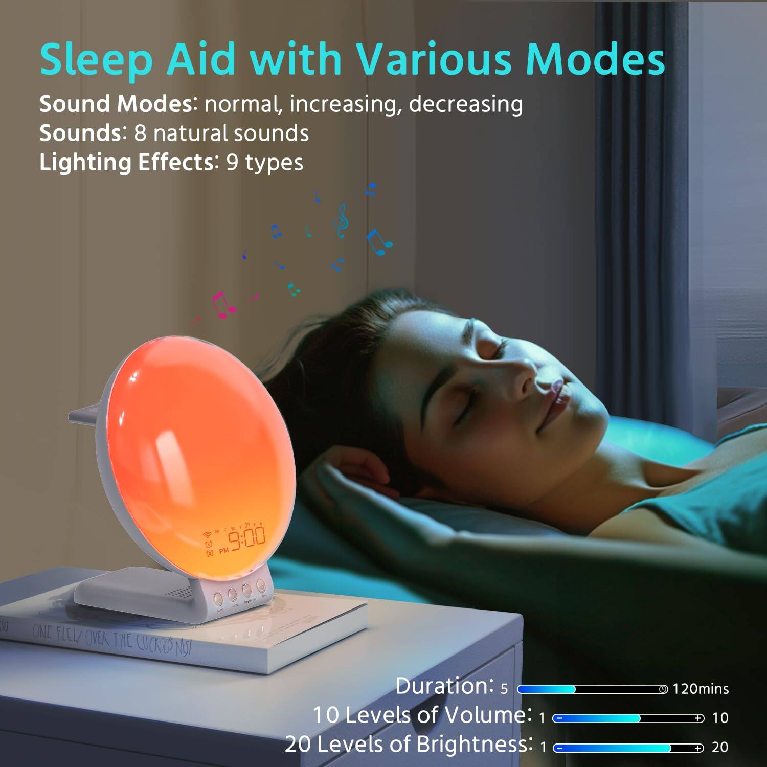 Sleep Aid with Various Modes

Sound Modes: normal, increasing, decreasing  
Sounds: 8 natural sounds  
Lighting Effects: 9 types  

Duration: 5 - 120mins  
10 Levels of Volume: 1 - 10  
20 Levels of Brightness: 1 - 20