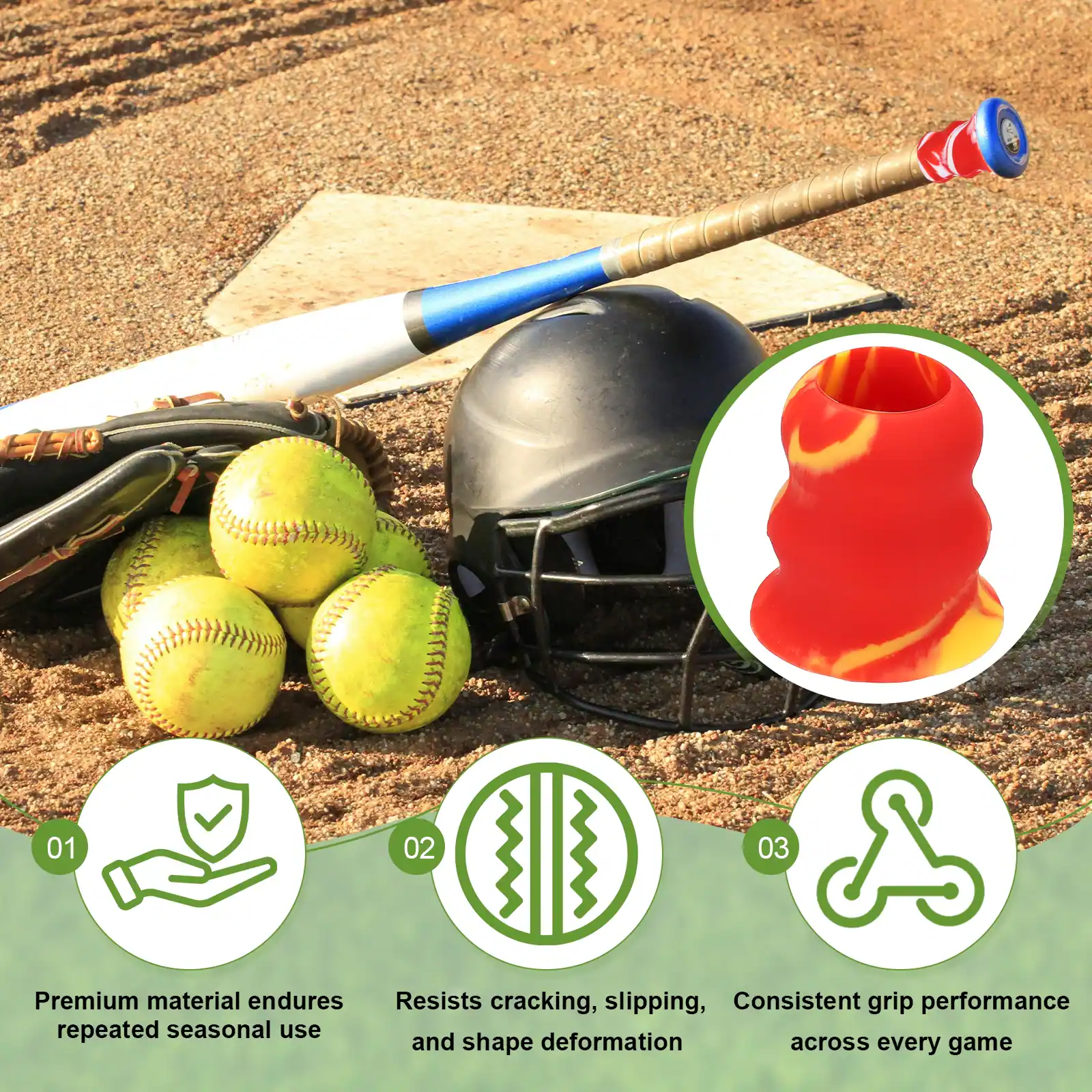 01 Premium material endures repeated seasonal use  
02 Resists cracking, slipping, and shape deformation  
03 Consistent grip performance across every game