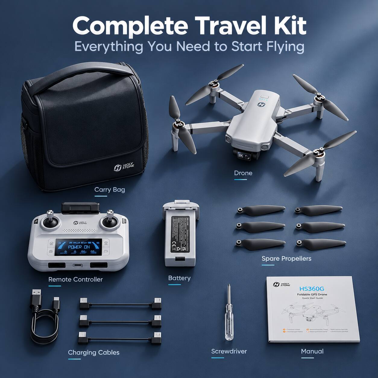 Complete Travel Kit  
Everything You Need to Start Flying

STONE HOLY  
Drone  
Carry Bag  
MADE LOVE  
Vall POWER UN at.  
XXXXXXXXXXXIII  
Spare Propellers  
Remote Controller  
Battery  
HOLY STONE HS360G Foldable GPS Drone Quick Start Guide  
- (ROMUNISHORK) - - / (WITTERENCHENCHICKC) CONTECTIONS/WAITING  
Charging Cables  
Screwdriver  
Manual