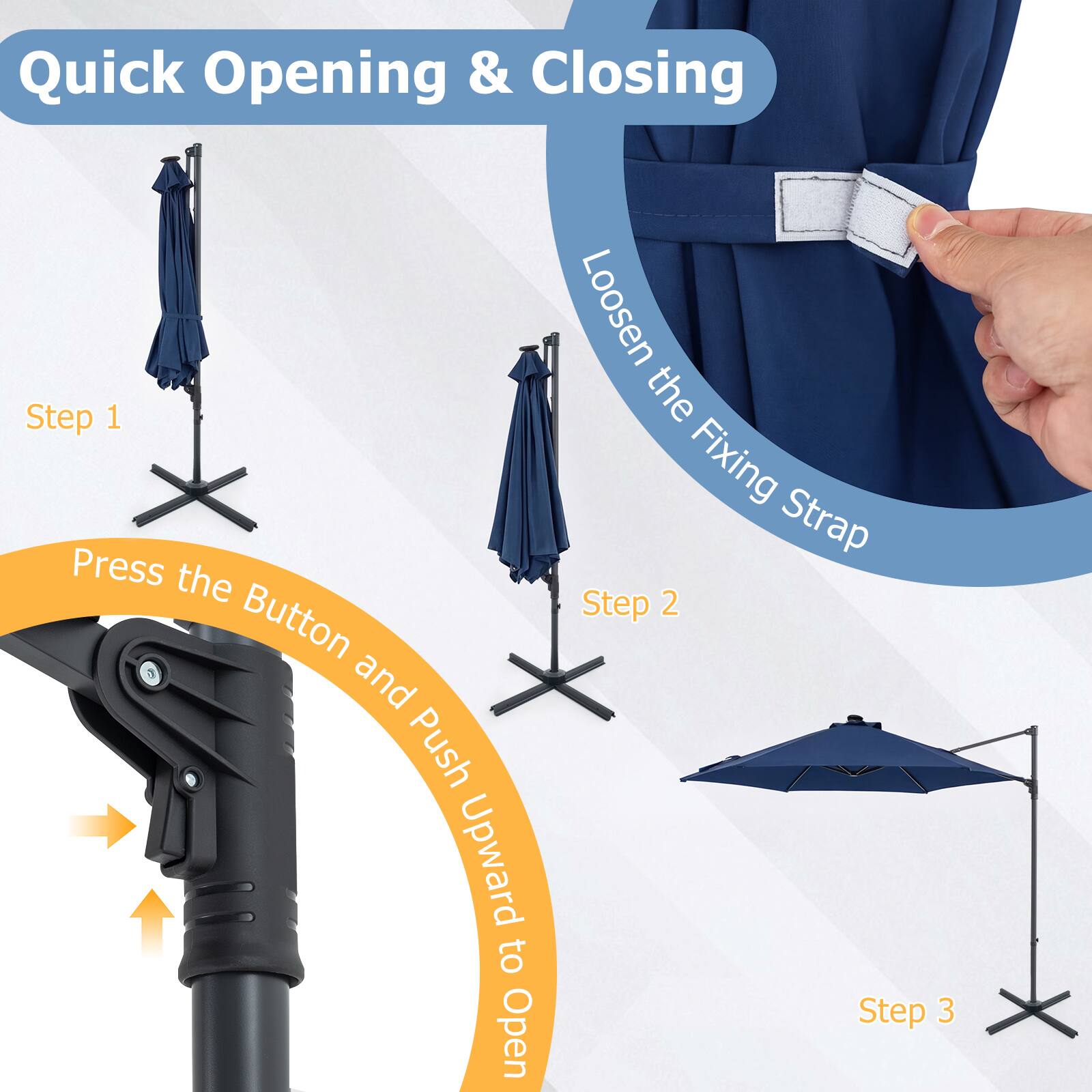 Quick Opening & Closing

Step 1: Press the Button and Push Upward to Open

Step 2: Loosen the Fixing Strap

Step 3