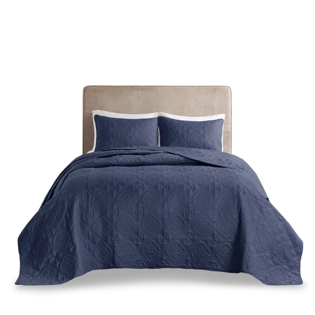 Front. Gracie Mills - Gracie Mills McCormick 3 Piece Reversible Bedspread Set - Navy.