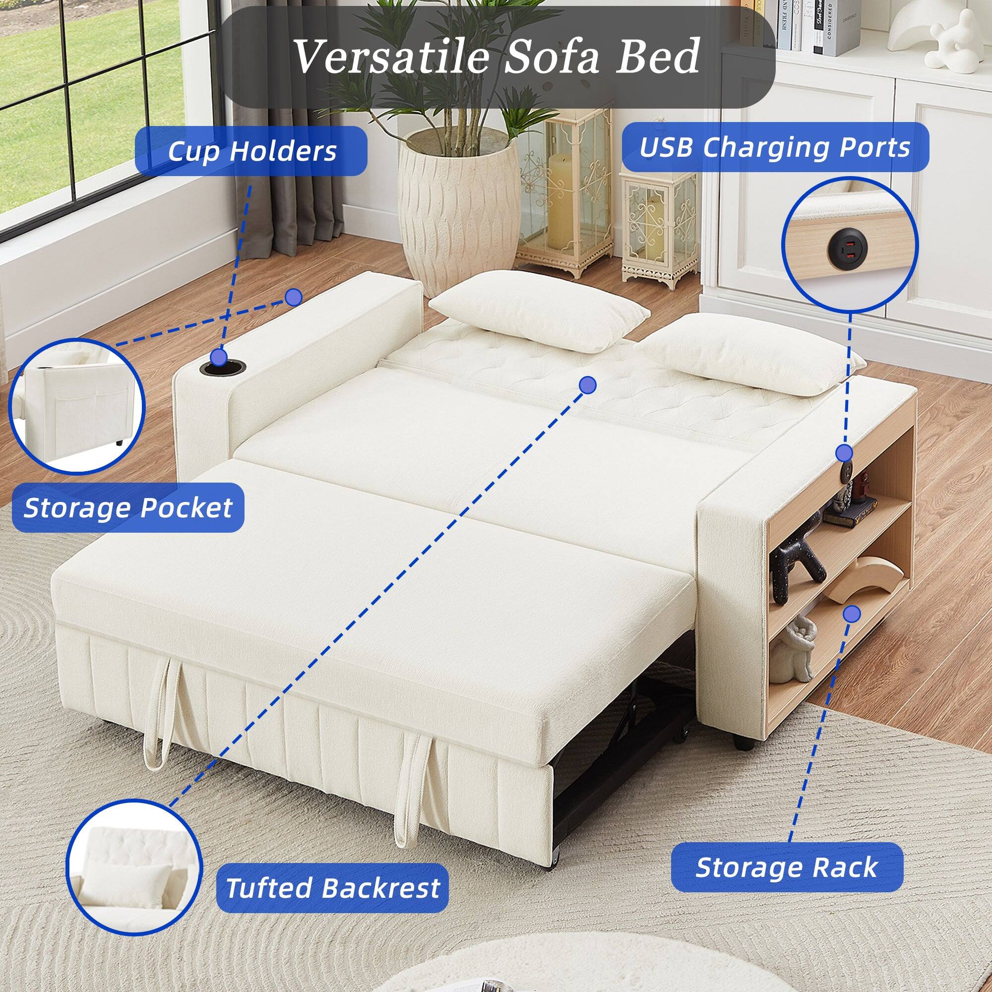 Versatile Sofa Bed

- Cup Holders
- USB Charging Ports
- Storage Pocket
- Tufted Backrest
- Storage Rack