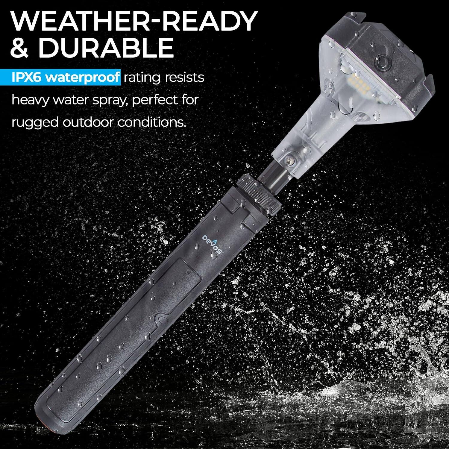 WEATHER-READY & DURABLE  
IPX6 waterproof rating resists heavy water spray, perfect for rugged outdoor conditions.  
DEVOS