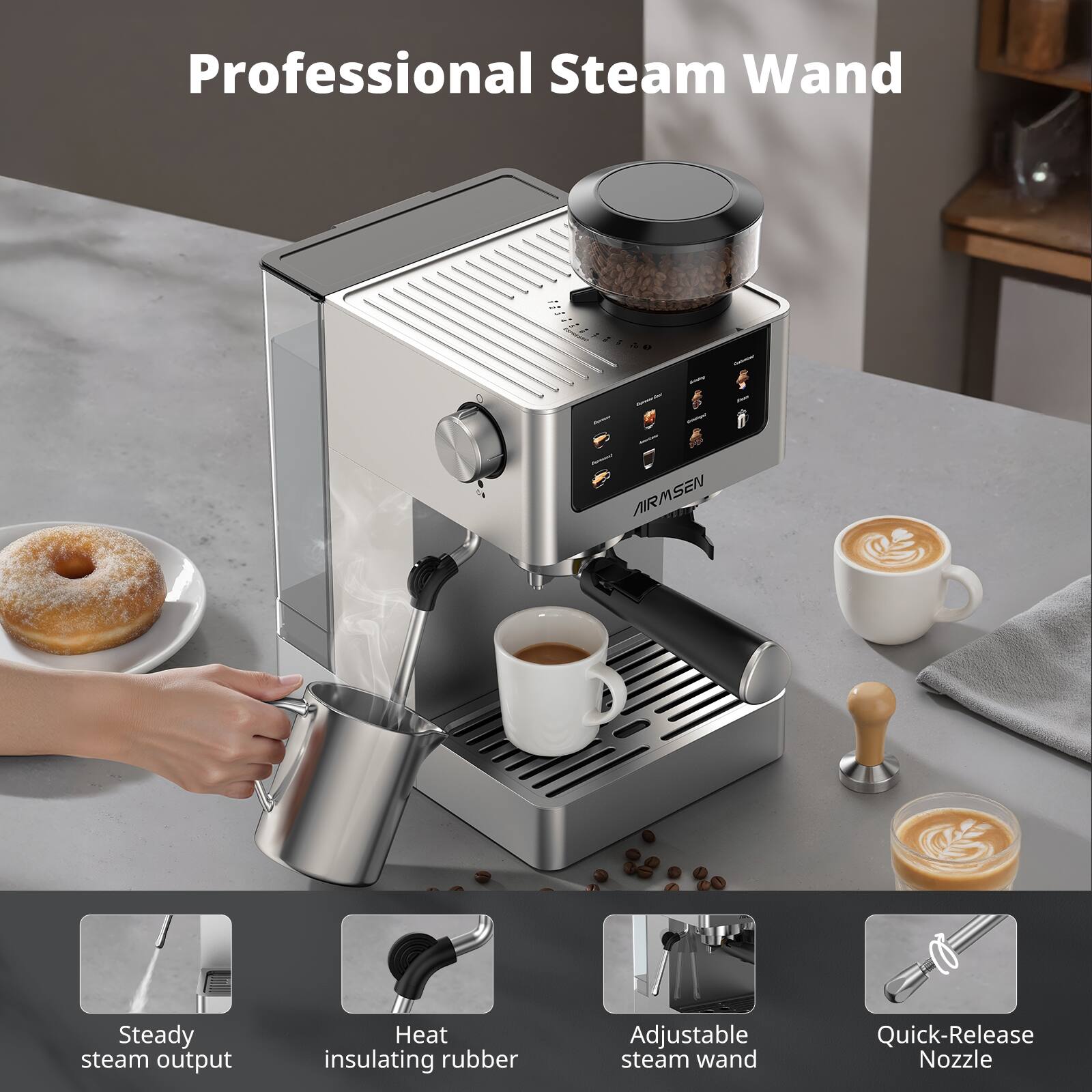Professional Steam Wand

- Steady steam output
- Heat insulating rubber
- Adjustable steam wand
- Quick-Release Nozzle