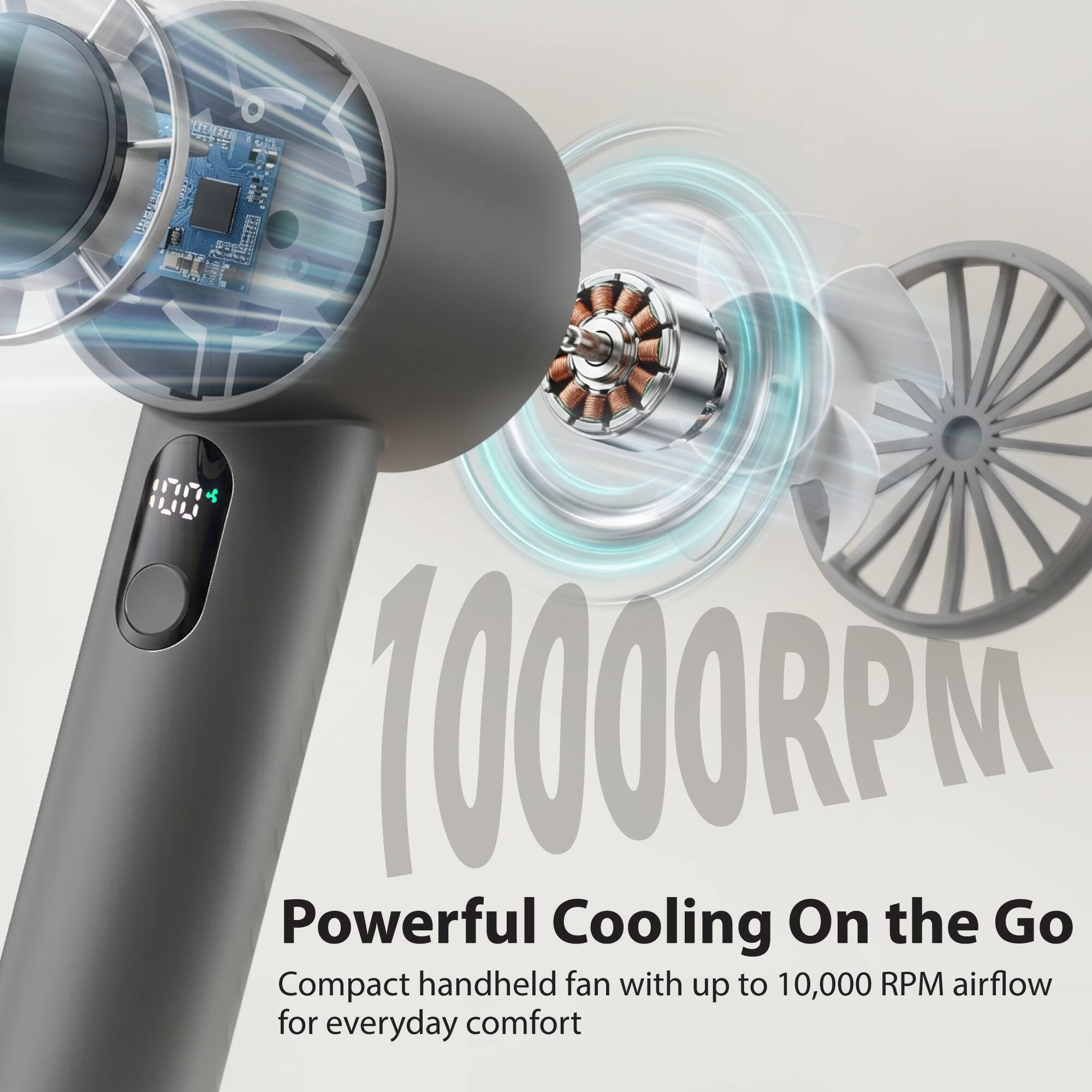 0 OUL Powerful 10000RPM Cooling On the Go Compact handheld fan with up to 10,000 RPM airflow for everyday comfort