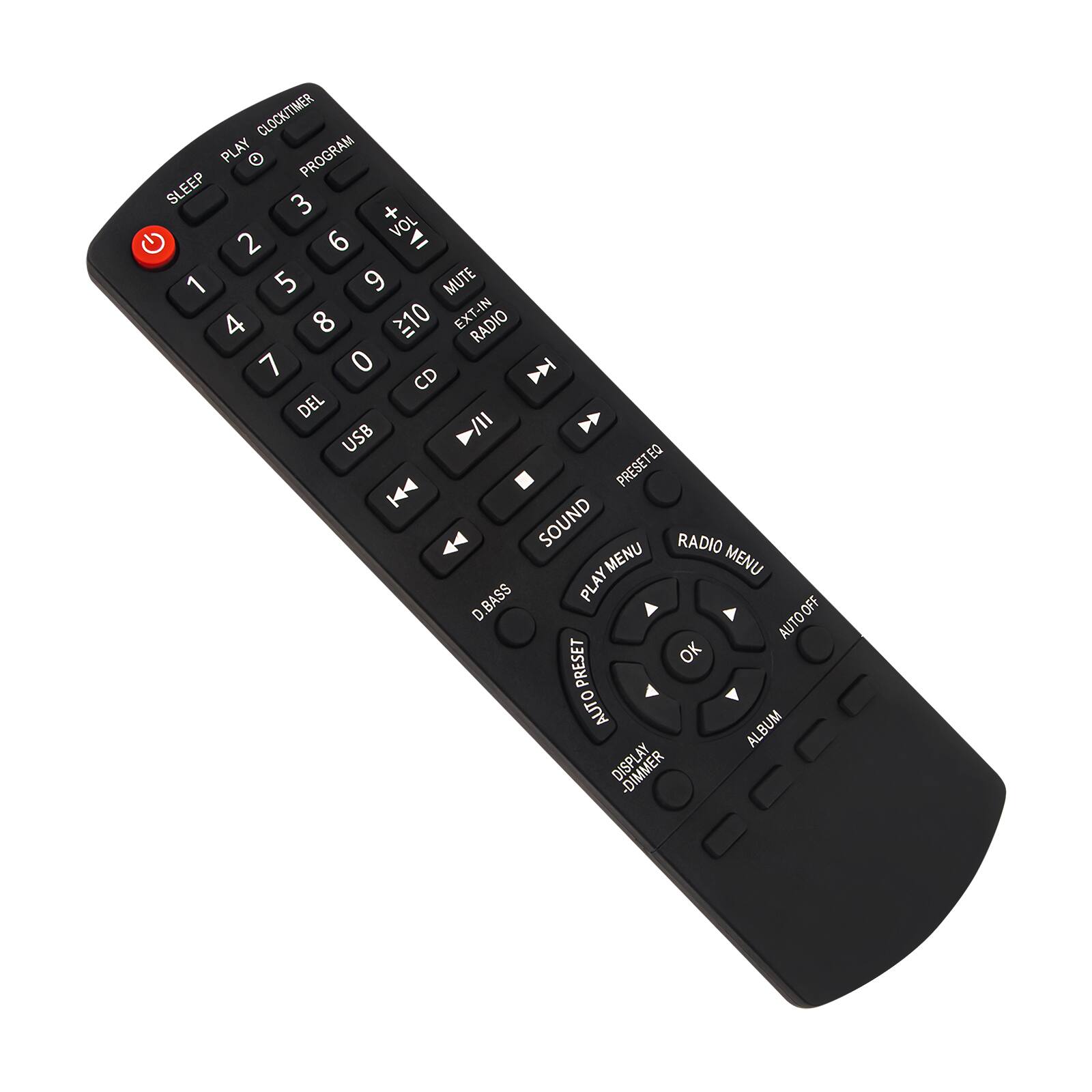 CLOCK/TIMER  
PLAY  
PROGRAM  
SLEEP  
VOL +  
VOL -  
MUTE  
EXT-IN  
RADIO  
CD  
USB  
EQ  
PRESET  
SOUND  
RADIO MENU  
PLAY MENU  
AUTO OFF  
AUTO PRESET  
DISPLAY  
ALBUM  
OK