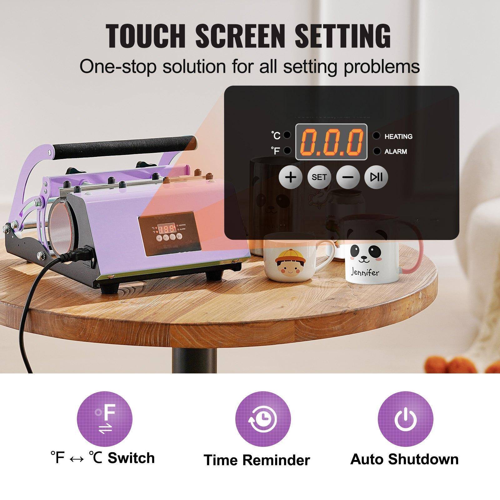 TOUCH SCREEN SETTING  
One-stop solution for all setting problems  

°C 0.0.0  
°F  

HEATING  
ALARM  

+ SET - ||  

°F ↔ °C Switch  
Time Reminder  
Auto Shutdown