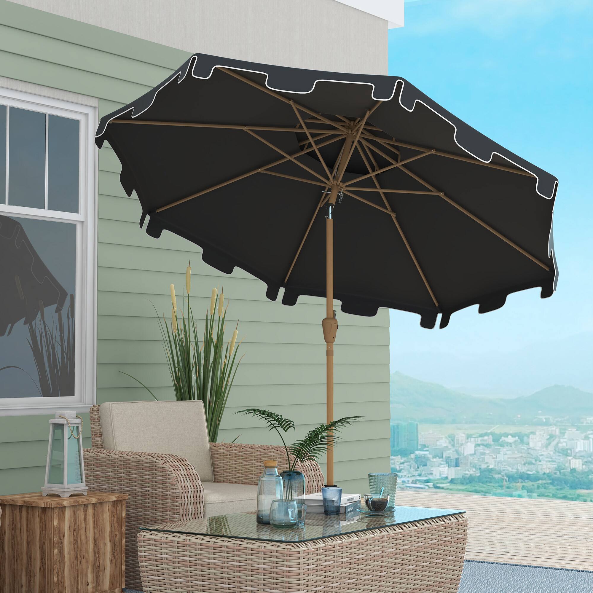 Alt View 1. Outsunny - 9' Patio Umbrella with Push Button Tilt and Crank, Double Top Ruffled Outdoor Market Table Umbrella with 8 Ribs - Dark Gray.