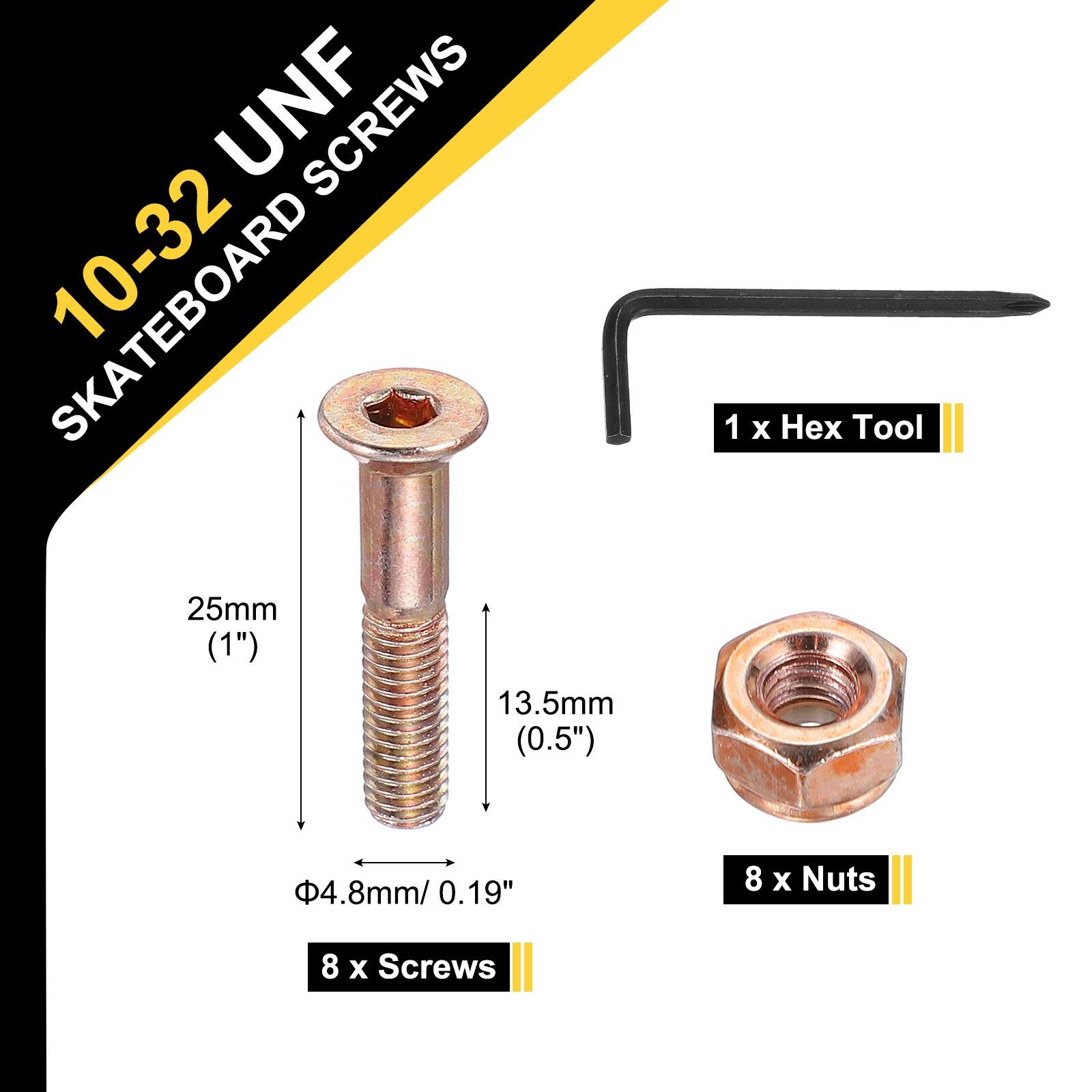 10-32 UNF SKATEBOARD SCREWS

25mm (1")  
13.5mm (0.5")  
1 x Hex Tool 4.8mm/0.19"  
8 x Nuts  
8 x Screws