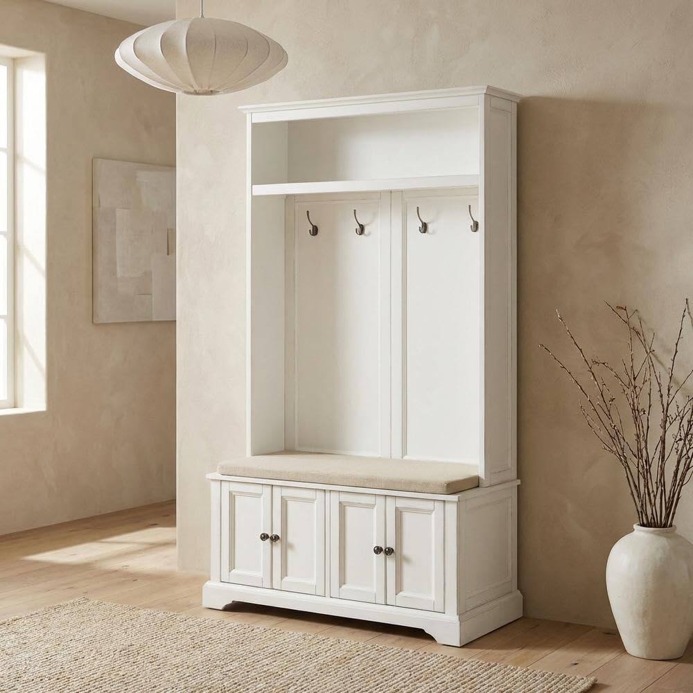 Angle. FurniFact - White Hall Tree - Distressed White.