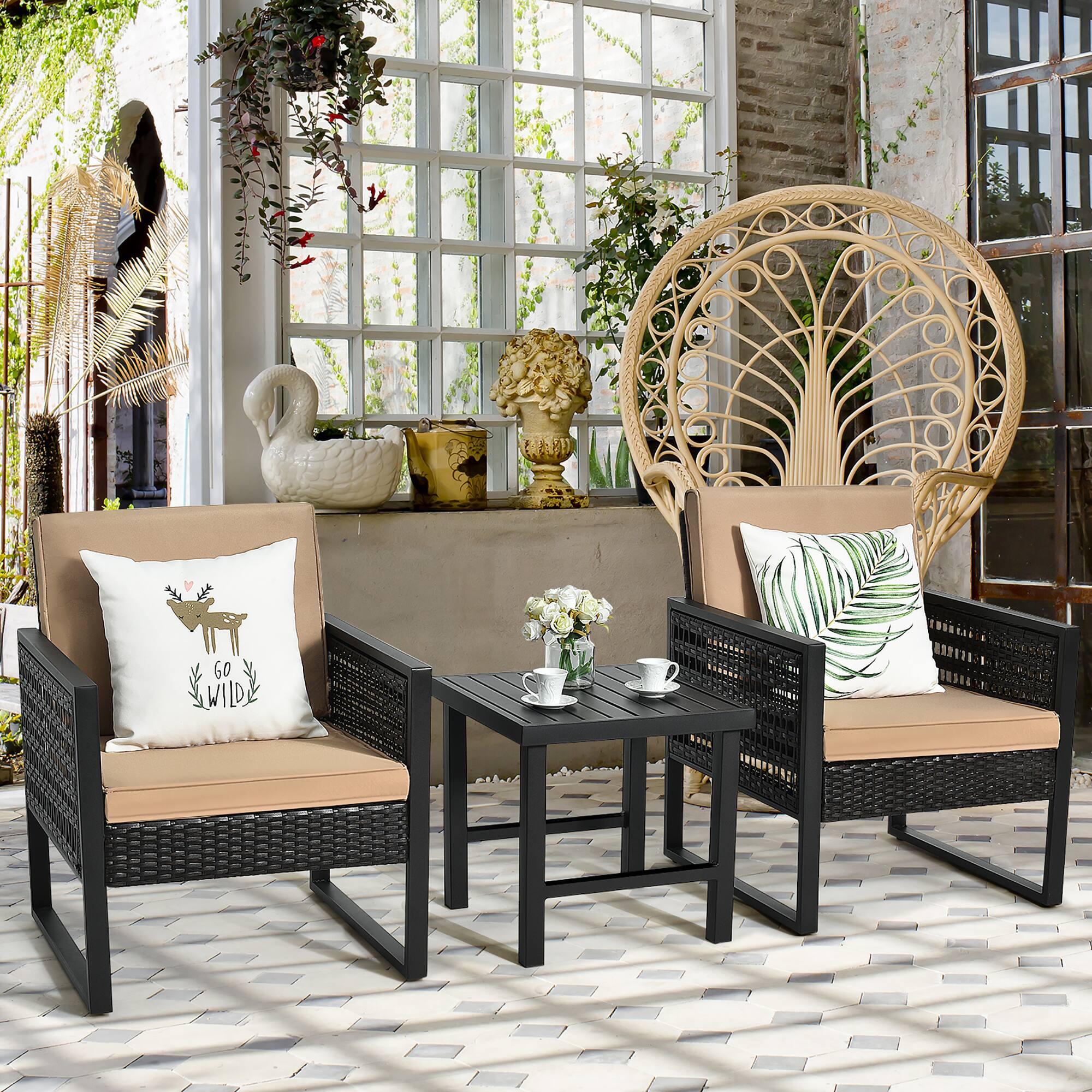 Alt View 1. Costway - Costway 3PCS Patio Rattan Bistro Furniture Set Cushioned Sofa Chair Coffee Table Garden - Brown.