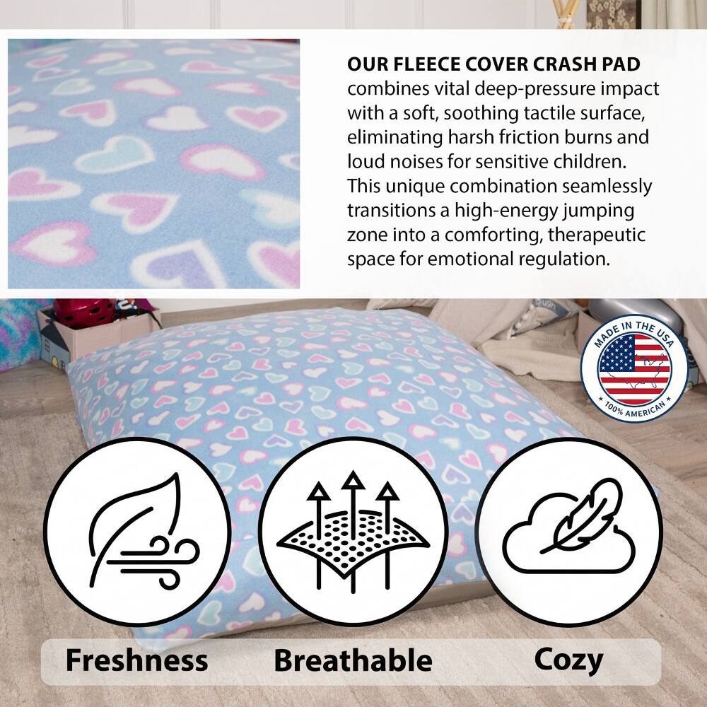 OUR FLEECE COVER CRASH PAD combines vital deep-pressure impact with a soft, soothing tactile surface, eliminating harsh friction burns and loud noises for sensitive children. This unique combination seamlessly transitions a high-energy jumping zone into a comforting, therapeutic space for emotional regulation.

MADE IN THE USA
333C
100% AMERICAN

Freshness Breathable Cozy