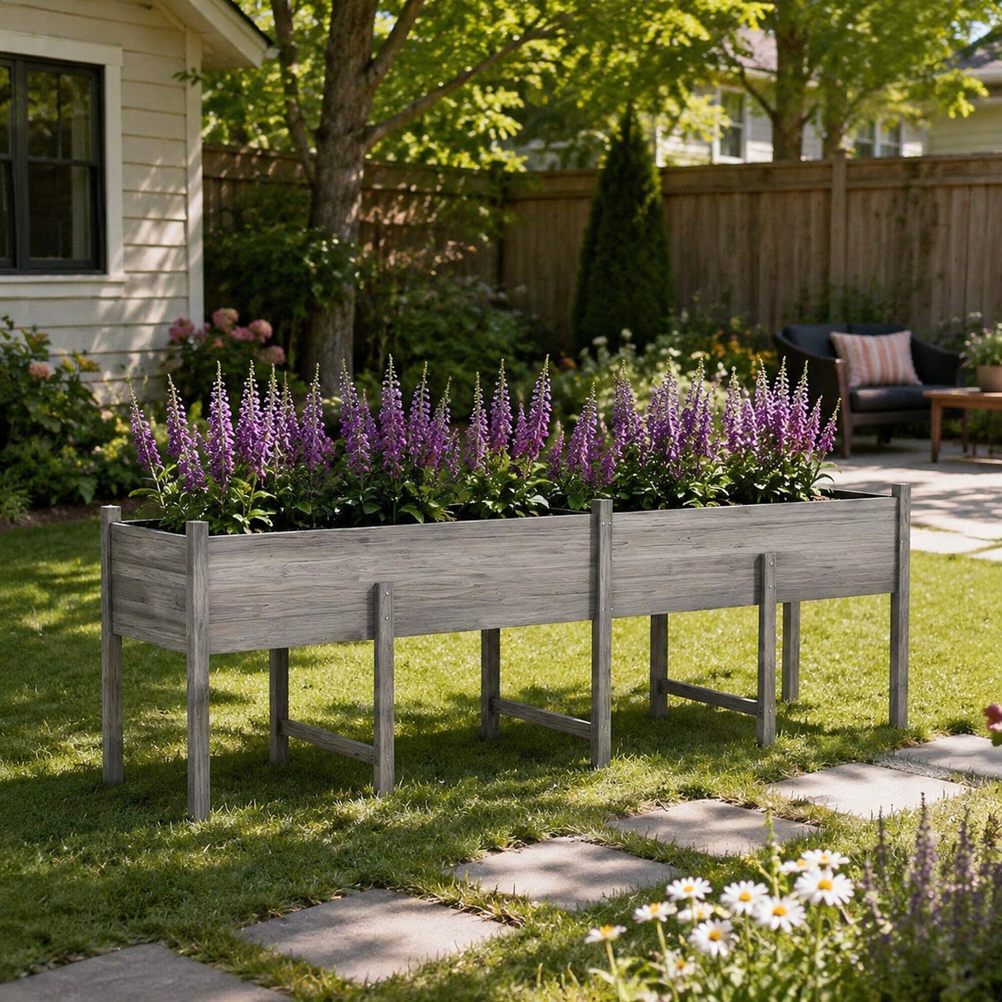 Alt View 2. RYHNUYNE - Elevated Wooden Raised Garden Bed with Legs, Extra Large 86.5 by 19.75 Inch Planter Box with Drain Holes - Grey.