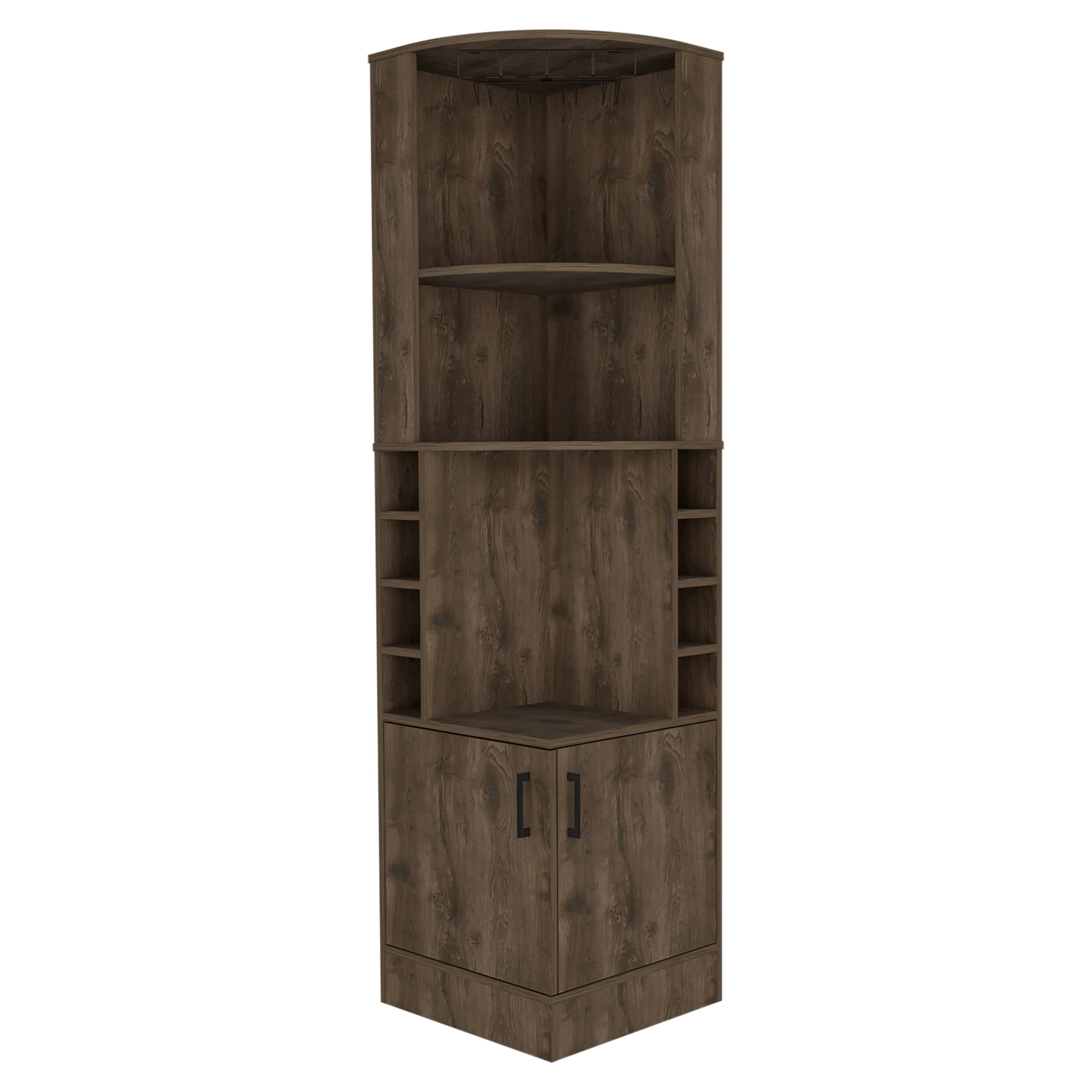 Alt View 2. TuHome - Syrah Corner Bar Cabinet, Eight Bottle Cubbies, Double Door, Two Open Shelves, Bar Room or Living Room - Dark Brown.