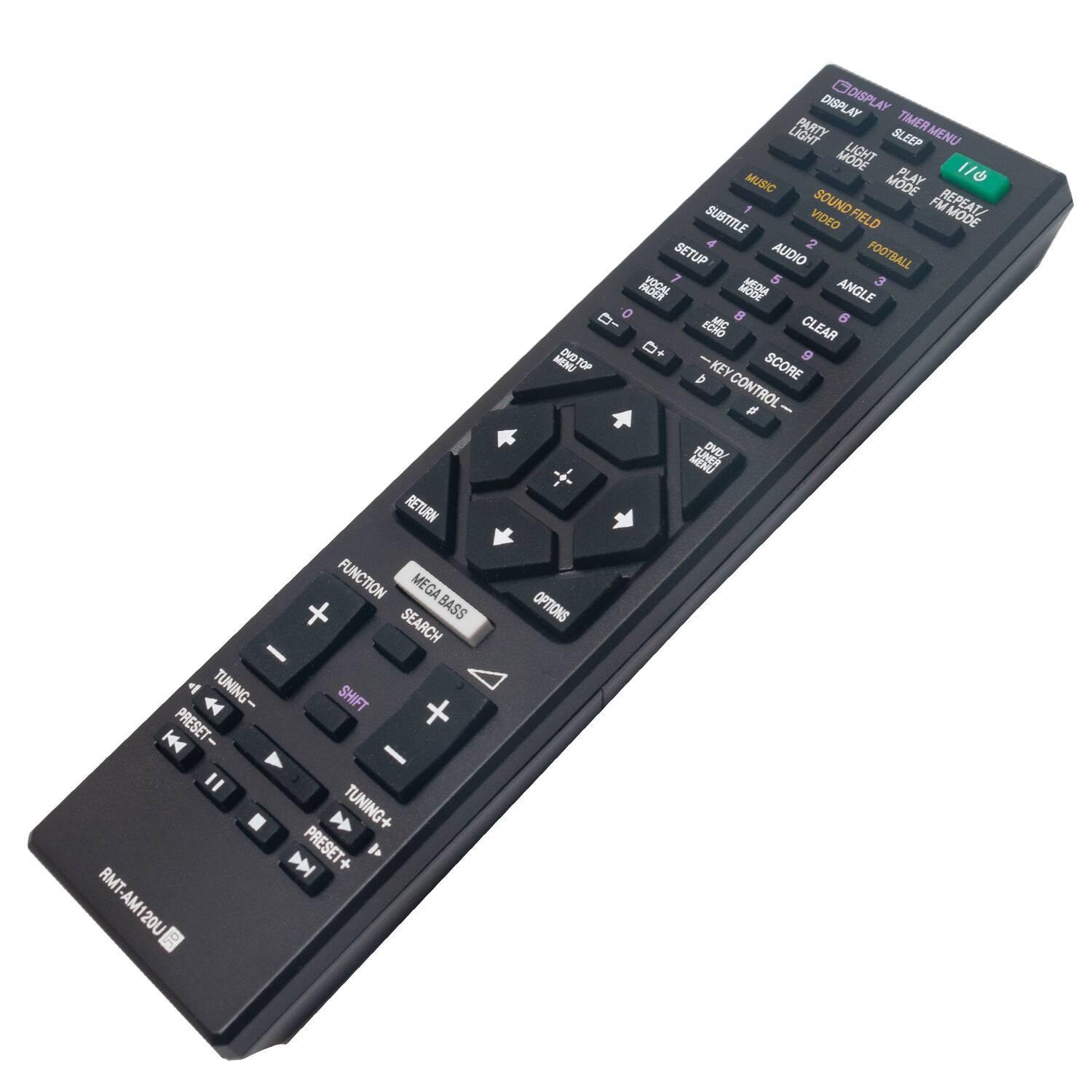 RETURN FUNCTION MEGA BASS SEARCH TUNING SHIFT PRESET K Y TUNING D PRESET P RMT-AM120U OC MEMU DVD OPTIONS DISPLAY AY DISPLAY PARTY TIMER MENU TIMER LIGHT SLEEP MENU MODE LIGHT MUSIC MODE PLAY 1/1 SOUND FM REPEAT! MODE SUBTITLE VIDEO FIELD 4 2 SETUP AUDIO FOOTBALL MEDIA 5 AR ANGLE 0 B ECHO MIC CLEAR b KEY SCORE CONTROL d FLNER DVD