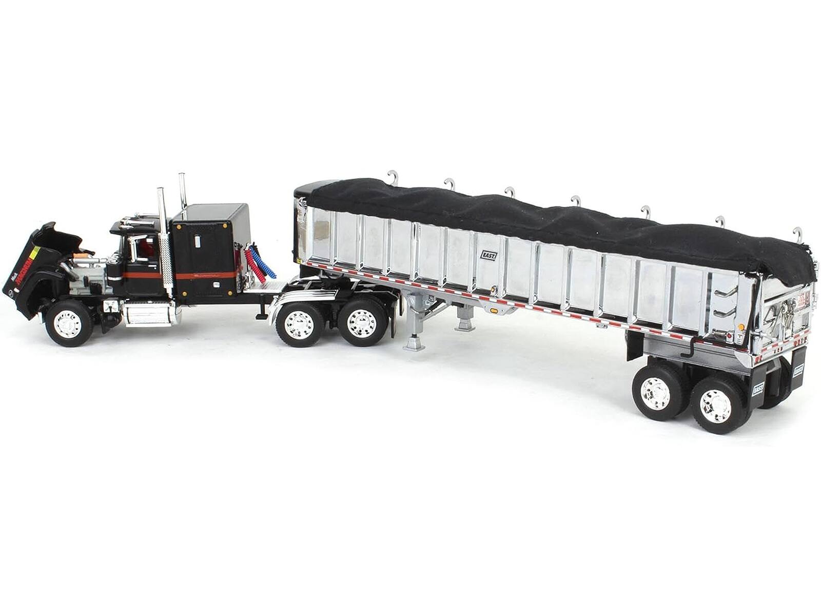 Left. First Gear - Mack Super-Liner with 60" Flat Top Sleeper and East End Dump Trailer Black 1/64 Diecast Model by DCP/First Gear - Black.