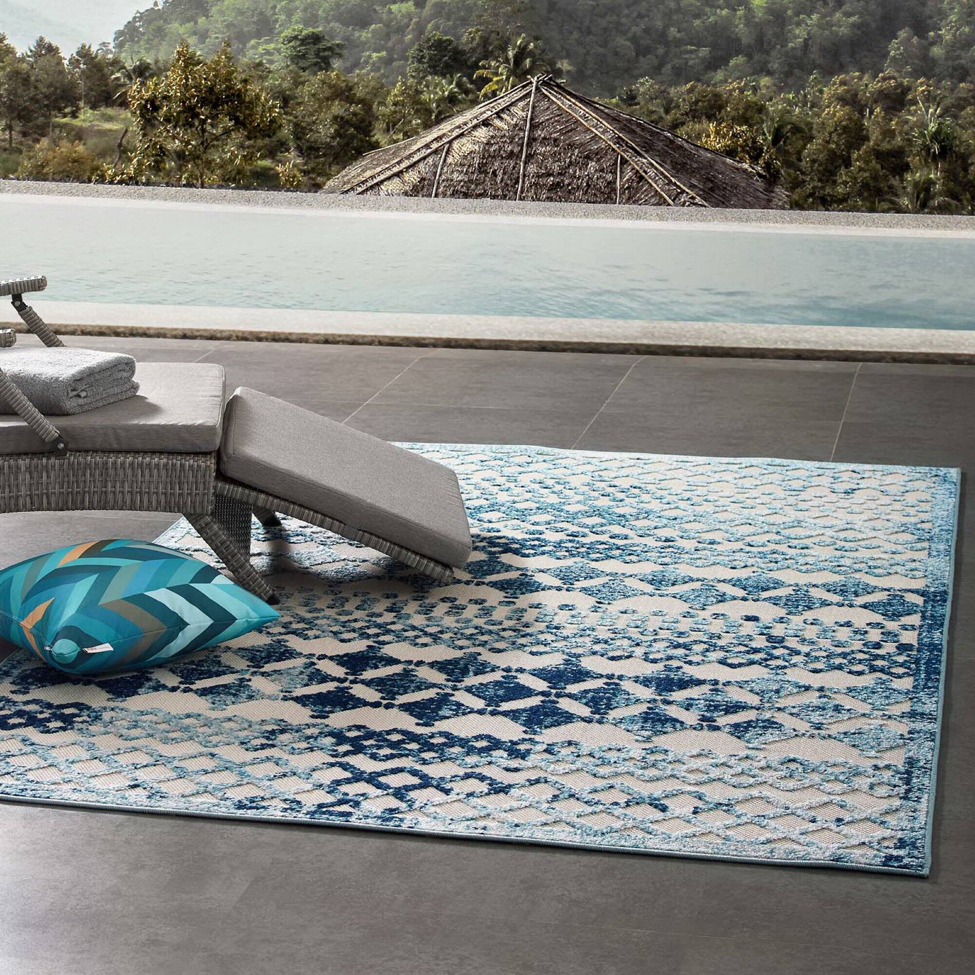 Left. Modway - Reflect Giada Abstract Diamond Moroccan Trellis Indoor/Outdoor Area Rug - Ivory and Blue.