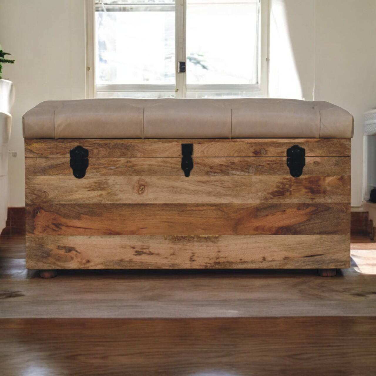 Alt View 6. Artisan Furniture - Artisan Furniture Solid Wood Beige Buffalo hide leather Storage Trunk, Upholstered, Leather, Brown & Grey - Brown & Gret.