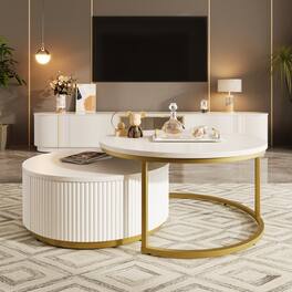 Tiramisubest - Modern Round Nesting Coffee Table Fluted with Drawer in White & Gold in 31.5" - Golden+White