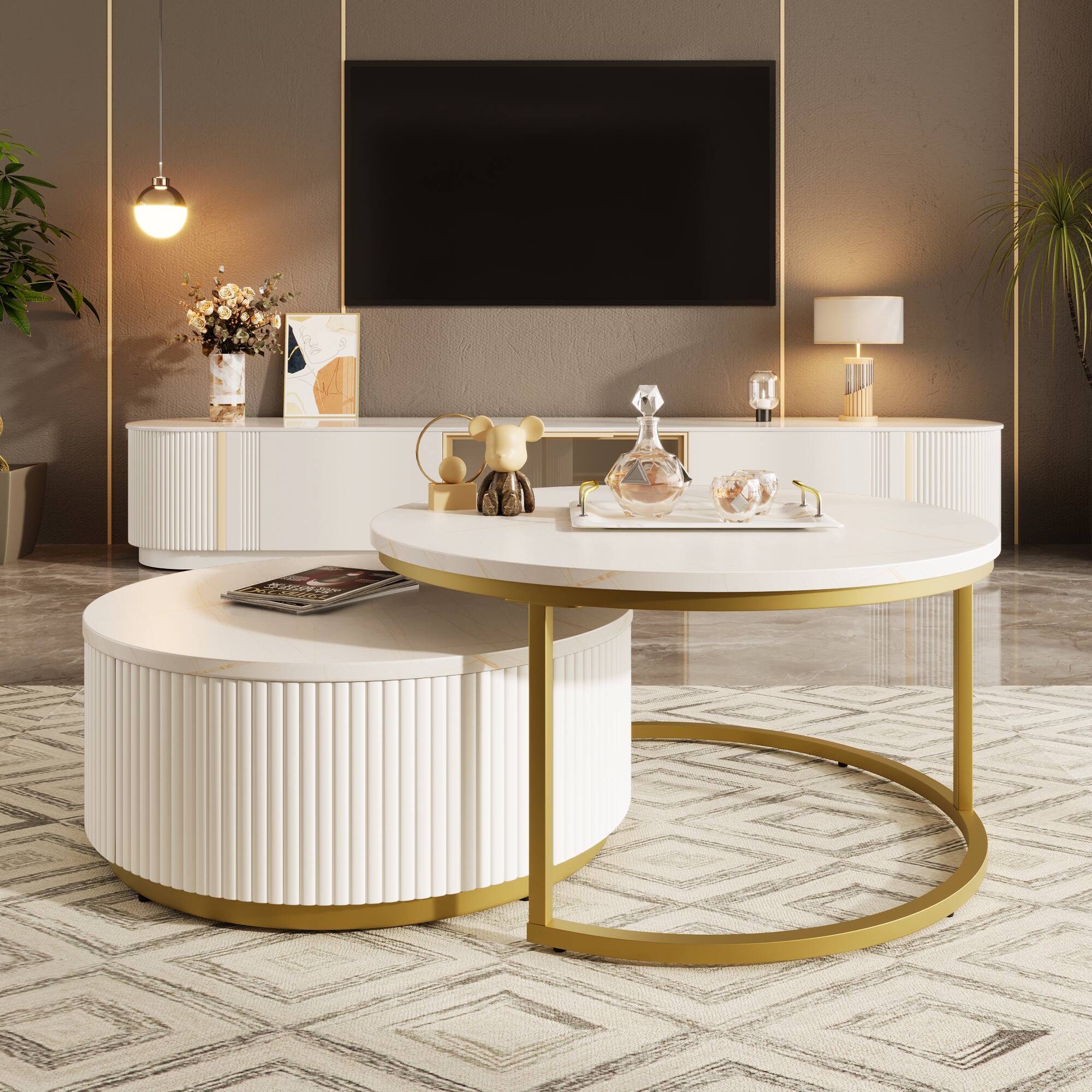 Front. Tiramisubest - Modern Round Nesting Coffee Table Fluted with Drawer in White & Gold in 31.5" - Golden+White.