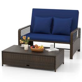 Costway - Patio Rattan Daybed Wicker Loveseat Sofa with Multifunctional Ottoman - Mix Brown + Blue
