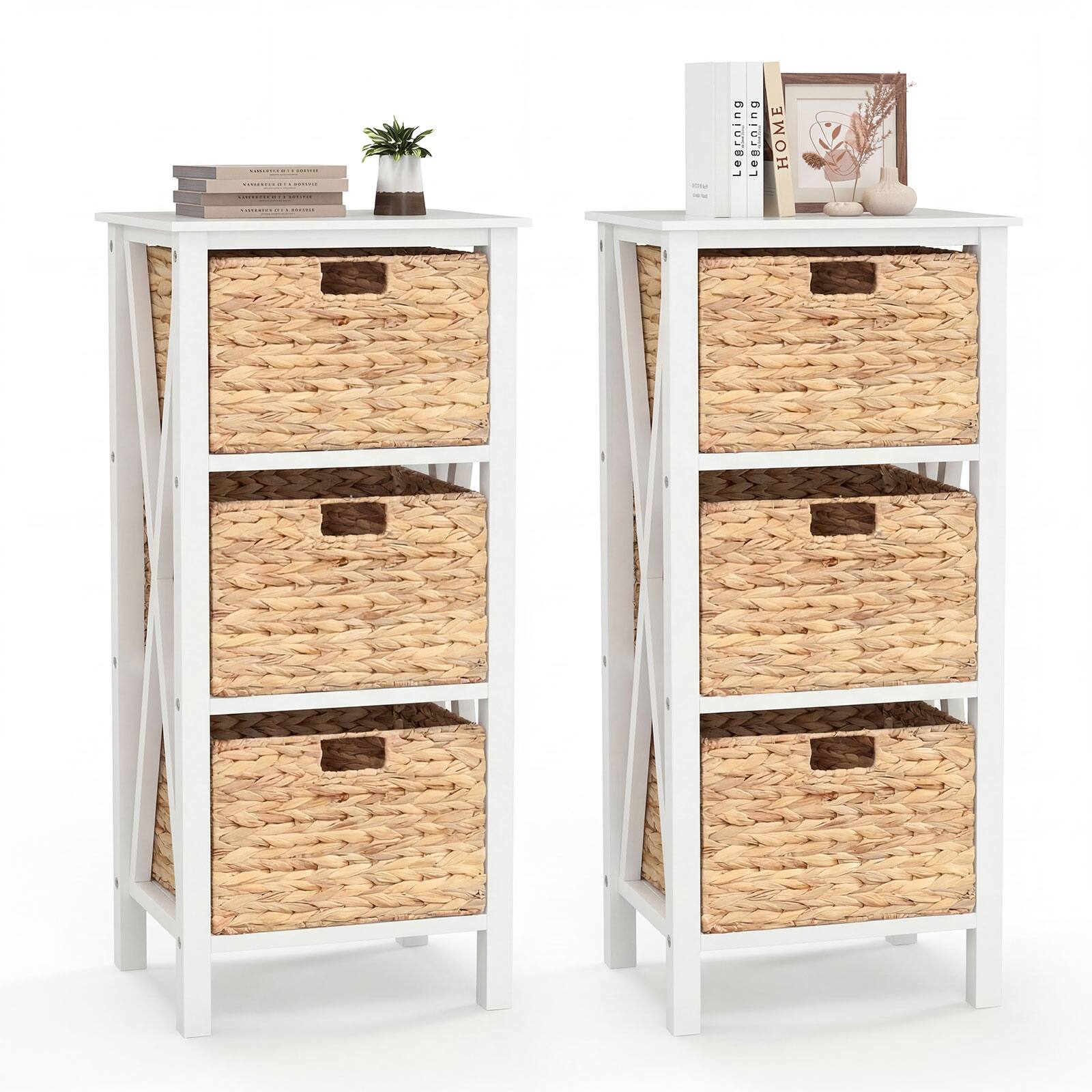 Costway - 2PCS 4-Tier Nightstand with 3 Seagrass Baskets, Acacia Wood Legs for Living Room - White & Natural
