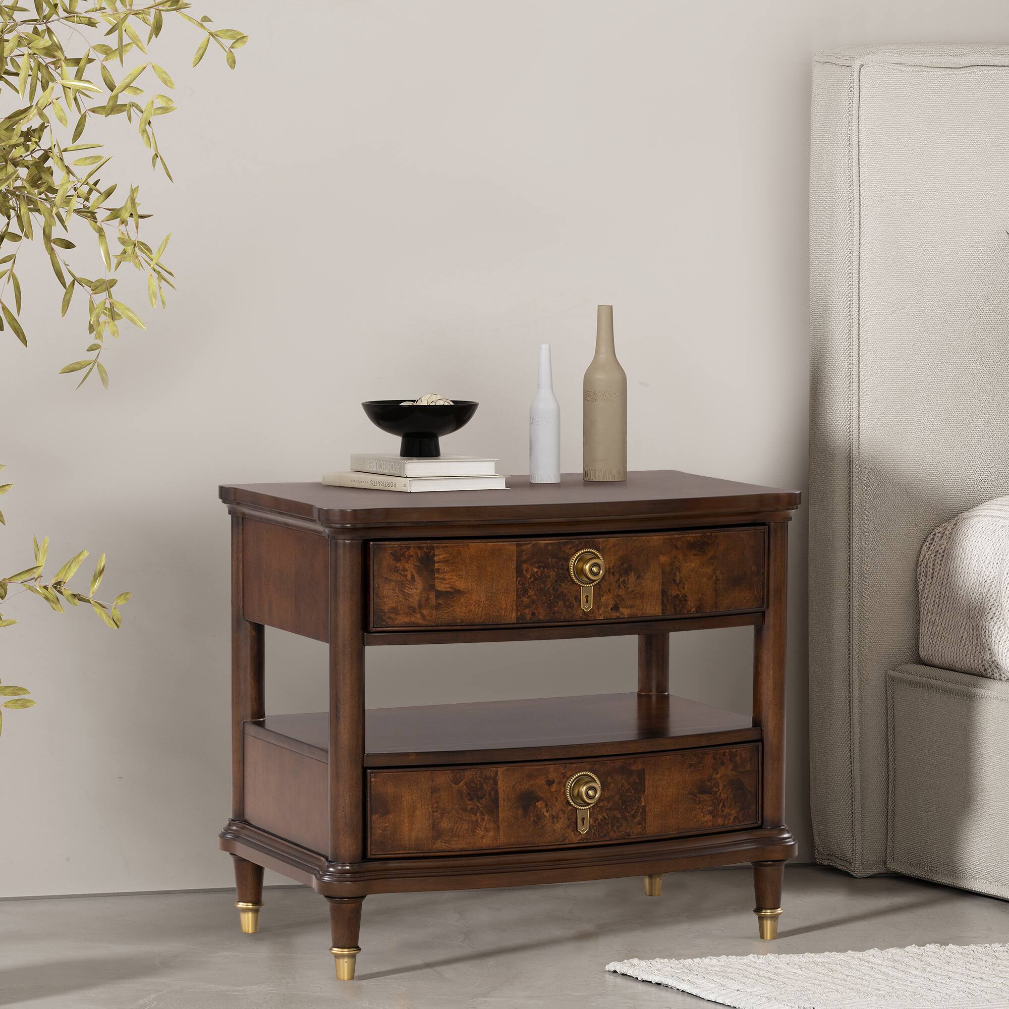 Alt View 1. Vaczon - Nightstand with Power Outlet, USB-A USB-C Ports and LED Light, Solid Rubberwood Bedside Table with Felt-Lined Drawers - Dark Cherry.