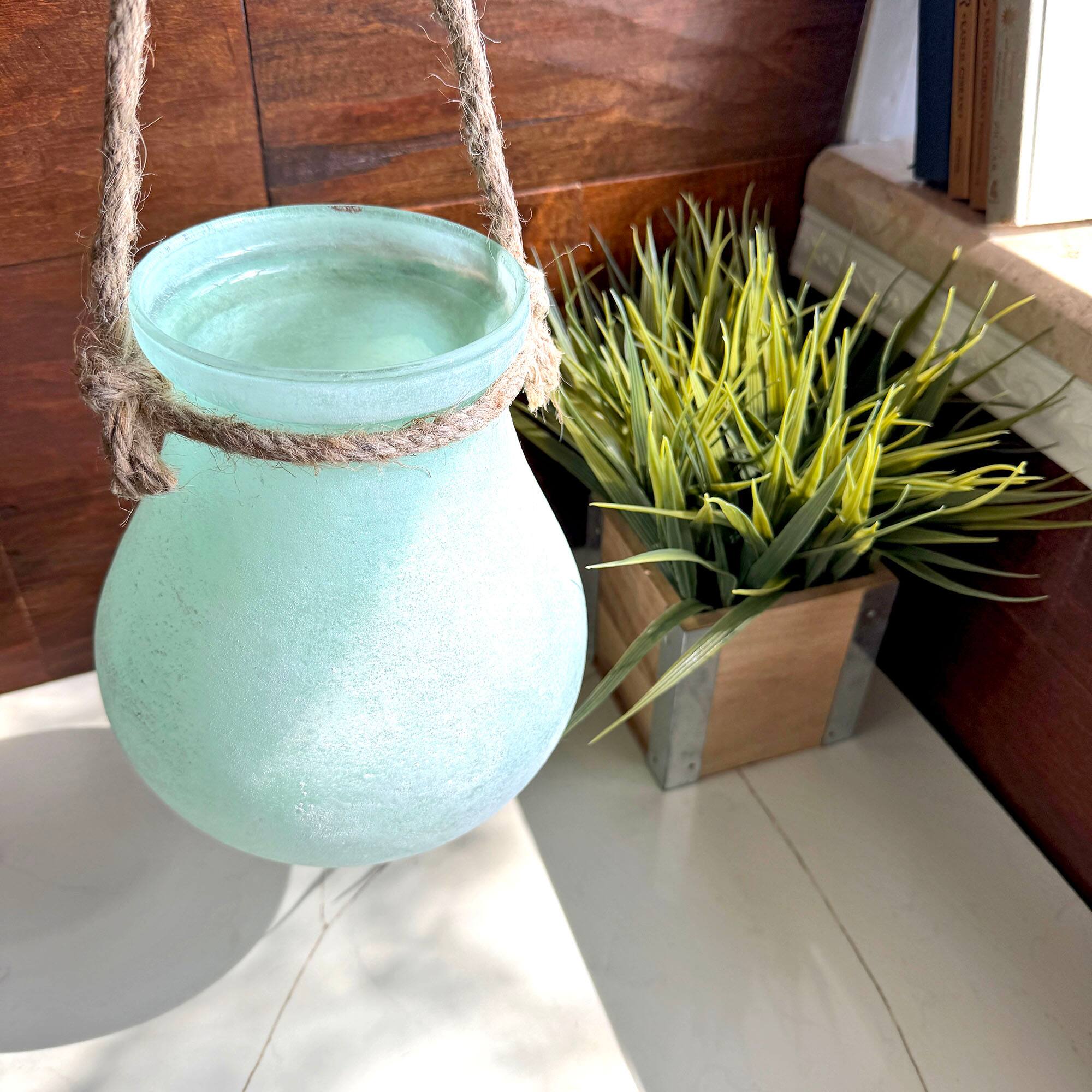 Alt View 7. India House Brass - Frosted Green Hanging Glass Lantern Vase with Rope Handle 15.75 In - Green.