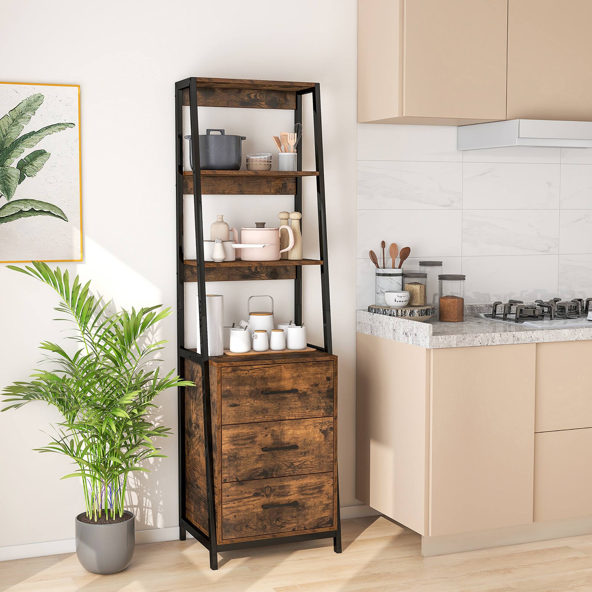 Alt View 3. Gymax - Gymax Ladder Bookshelf Tall Bookcase w/ 3 Open Shelves Printer Stand 3 Storage Drawers Brown - Rustic Brown.