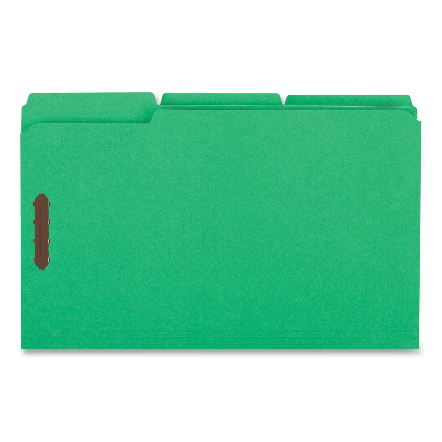 Left. Universal - Deluxe Reinforced Top Tab Fastener Folders, 0.75" Expansion, 2 Fasteners, Legal Size, Green Exterior, 50/Box.