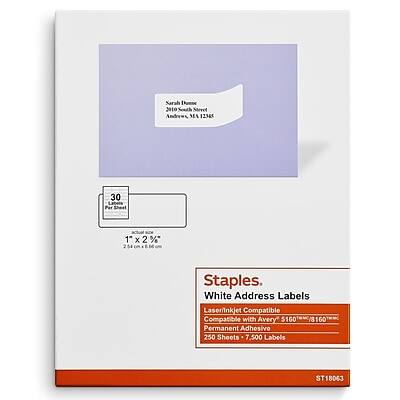Sarah Thumne
2ato Sooch Street
Andover, MA 12345
Staples
White Address Labels
Laser/Inkjet Compatible
Compatible with Avery 5160/18160
Permanent Adhesive
250 Sheets - 7500 Labels
1" x 2 5/8"
30 Labels Per Sheet
ST18063