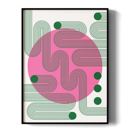 Front. HOMLUX - 1 Piece Framed Abstract Canvas Wall Art Pink Circle Wall Decor Green Line Art Decorative Canvas Print 36 in. x 24 in. - Multi-Colored.
