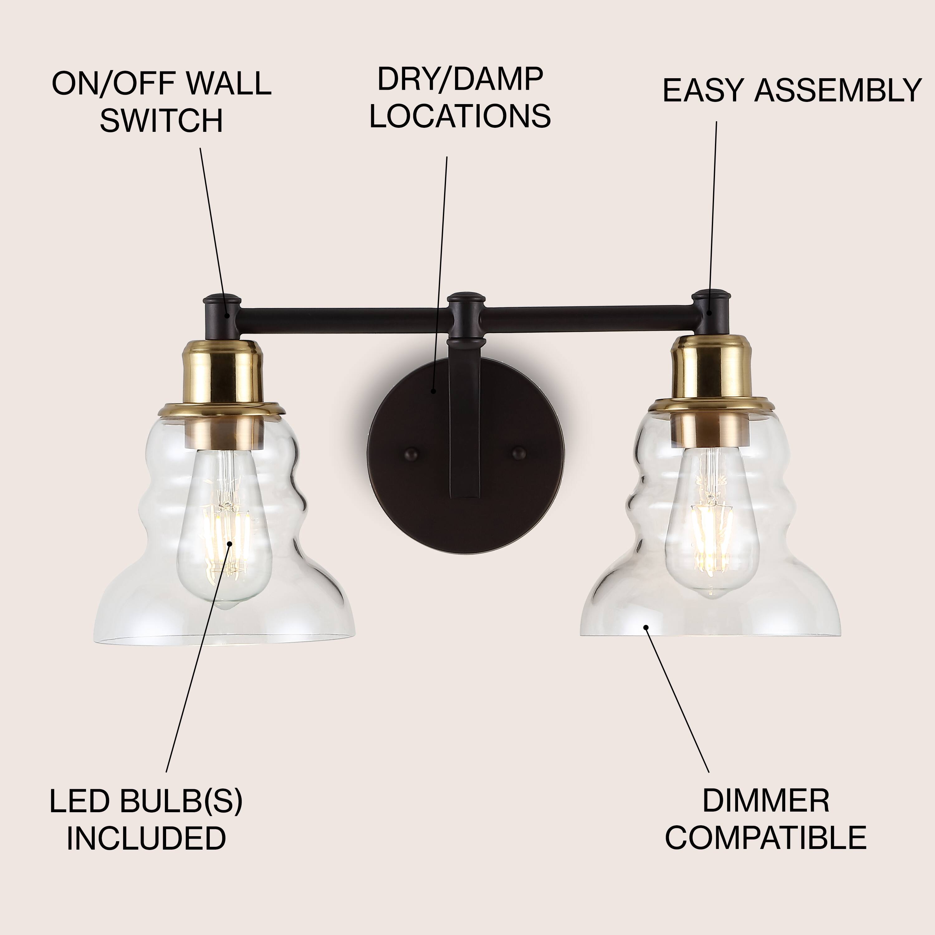 ON/OFF WALL SWITCH  
DRY/DAMP LOCATIONS  
EASY ASSEMBLY  
LED BULB(S) INCLUDED  
DIMMER COMPATIBLE