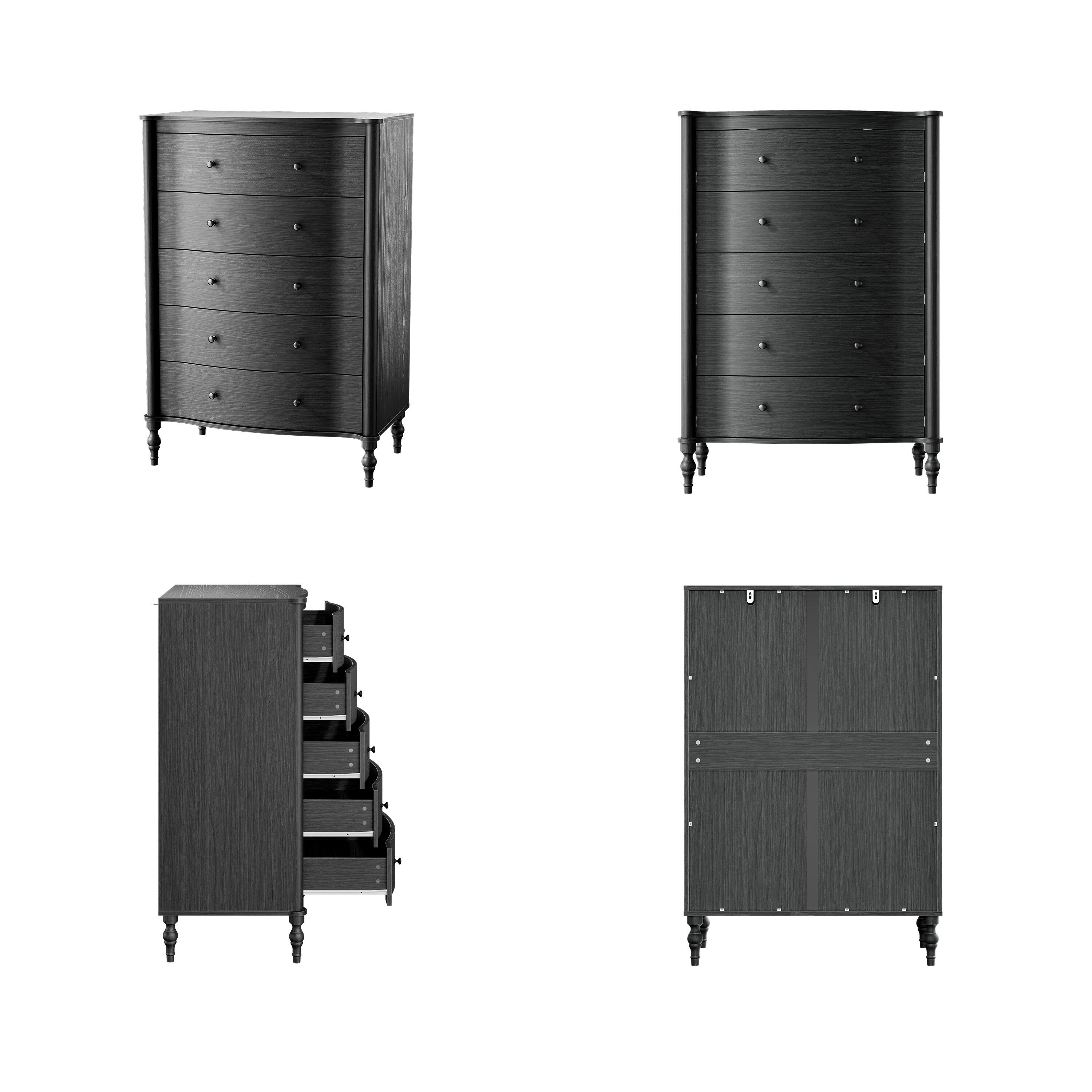 Alt View 4. FUFU & GAGA - Vintage Curved 5-Drawer Dresser - Dark Walnut Finish Storage Chest with Fluted Front for Bedroom, Entryway, Living Room - Black.
