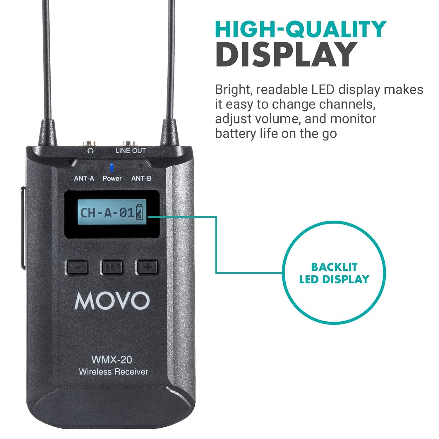 **HIGH-QUALITY DISPLAY**

Bright, readable LED display makes it easy to change channels, adjust volume, and monitor battery life on the go

**BACKLIT LED DISPLAY**

**MOVO WMX-20 Wireless Receiver**

- LINE OUT
- ANT-A
- Power
- ANT-B
- CH-A-01
- SET
- +