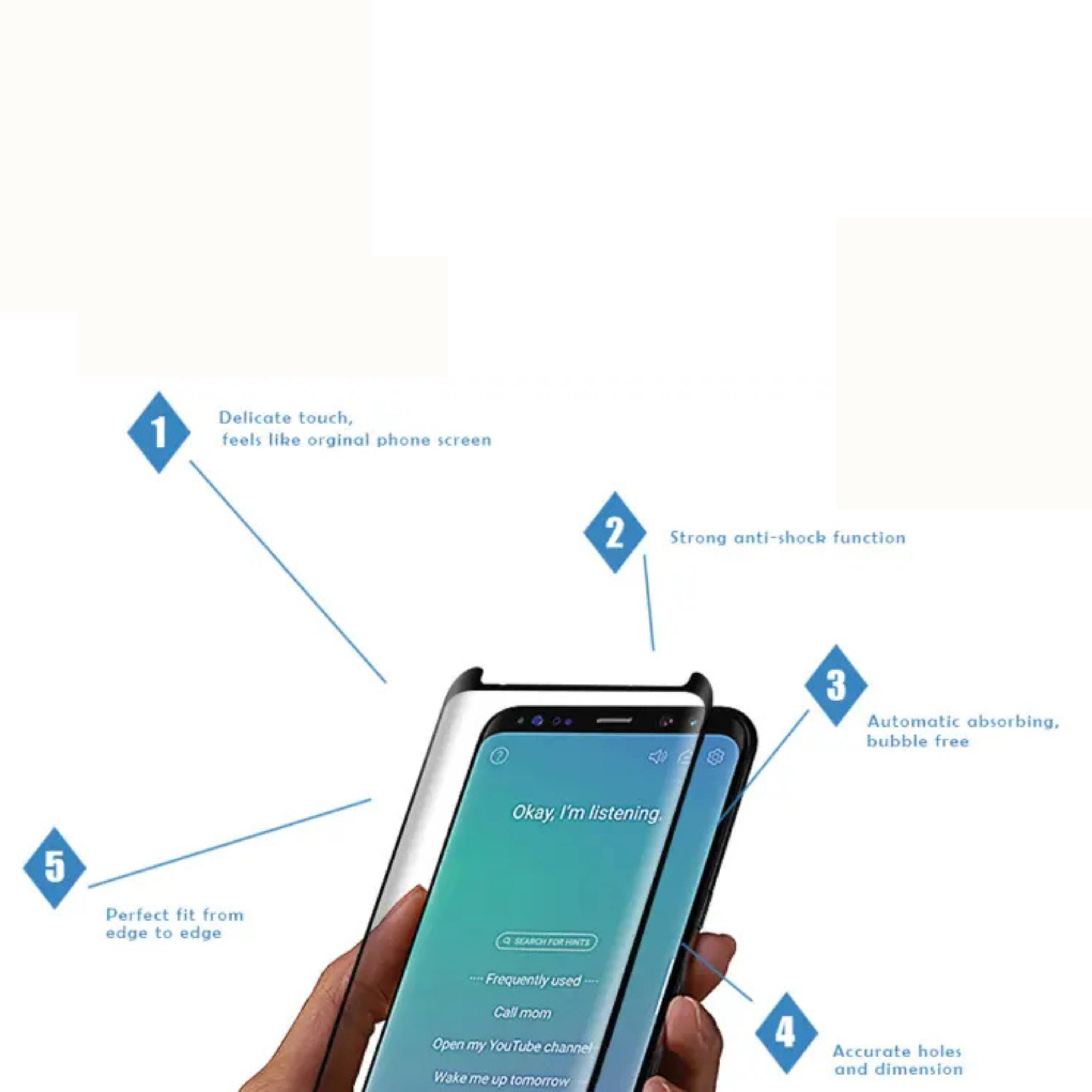 1. Delicate touch, feels like original phone screen  
2. Strong anti-shock function  
3. Automatic absorbing, bubble free  
4. Accurate holes and dimension  
5. Perfect fit from edge to edge  

Okay, I'm listening.  
Frequently used:  
- Call mom  
- Open my YouTube channel  
- Wake me up tomorrow