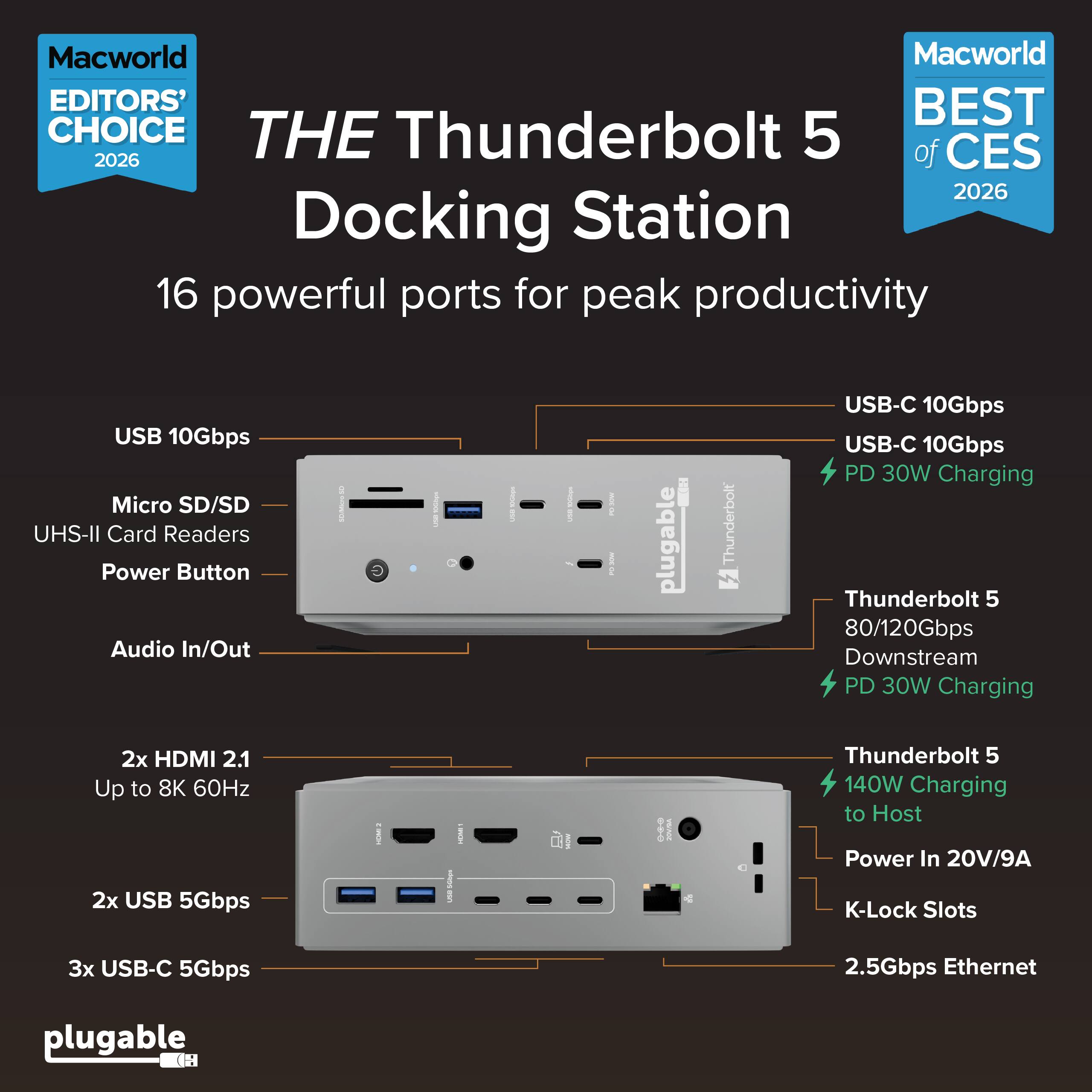 Macworld EDITORS' BEST CHOICE 2026

THE Thunderbolt 5 Docking Station

16 powerful ports for peak productivity

USB 10Gbps
Micro SD/SD UHS-II Card Readers
Power Button
Audio In/Out

2x HDMI 2.1
Up to 8K 60Hz

2x USB 5Gbps
3x USB-C 5Gbps

Thunderbolt 5
80/120Gbps Downstream
PD 30W Charging

Thunderbolt 5
140W Charging to Host
Power In 20V/9A

K-Lock Slots
2.5Gbps Ethernet

USB-C 10Gbps
USB-C 10Gbps
PD 30W Charging

plugable