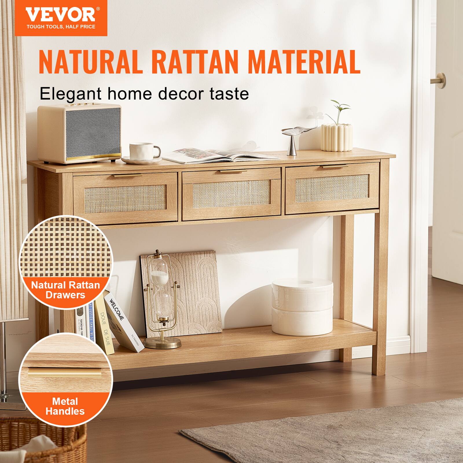 VEVOR  
TOUGH TOOLS, HALF PRICE  

NATURAL RATTAN MATERIAL  
Elegant home decor taste  

Natural Rattan Drawers  
Metal Handles