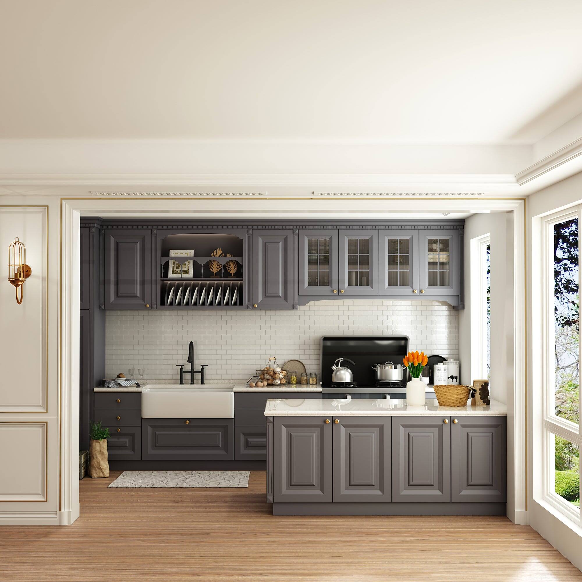 Alt View 10. Boyel Living - Double Handle Bridge Pull-Down Kitchen Faucet with 3-Spray Patterns and 360 Degrees Rotation Spout - Matte Black.