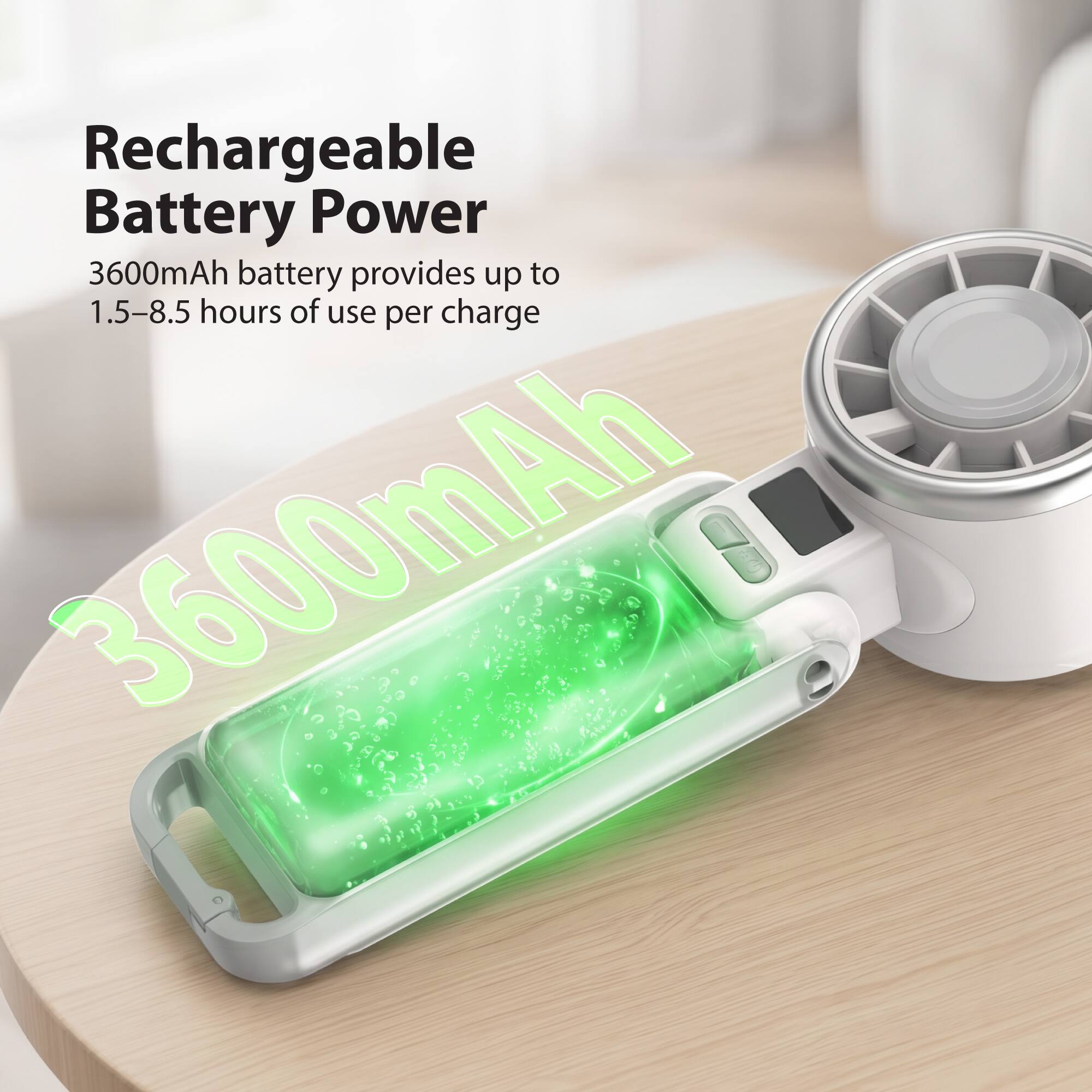 Rechargeable Battery Power  
3600mAh battery provides up to 1.5-8.5 hours of use per charge