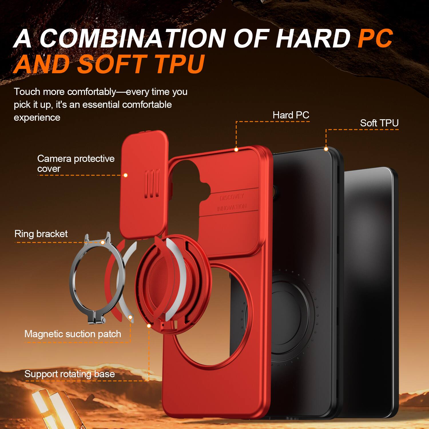 A COMBINATION OF HARD PC AND SOFT TPU

Touch more comfortably—every time you pick it up, it's an essential comfortable experience

Camera protective cover
Ring bracket
Magnetic suction patch
Support rotating base

Hard PC
Soft TPU