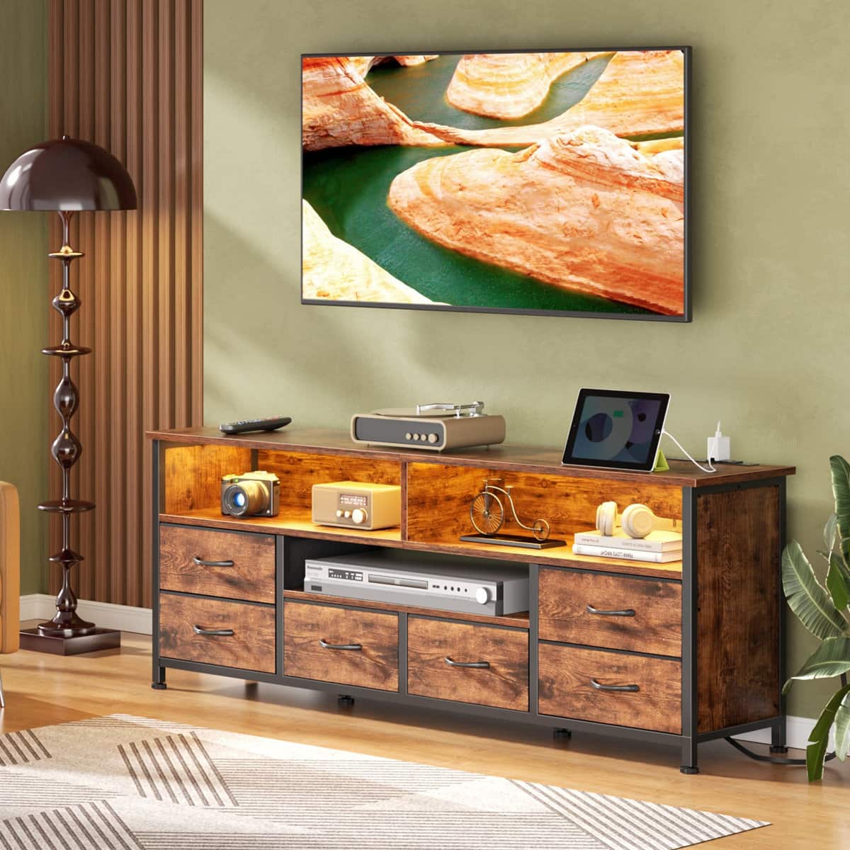 Furnulem - 55 In Modern TV Stand with LED Lights Charging Station 6 Drawers Versatile Media Console for Living Room Bedroom - Brown