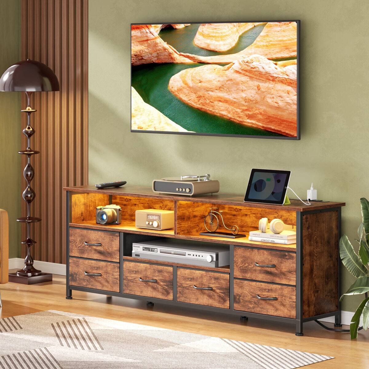 Furnulem - 55 In Modern TV Stand with LED Lights Charging Station 6 Drawers Versatile Media Console for Living Room Bedroom - Brown