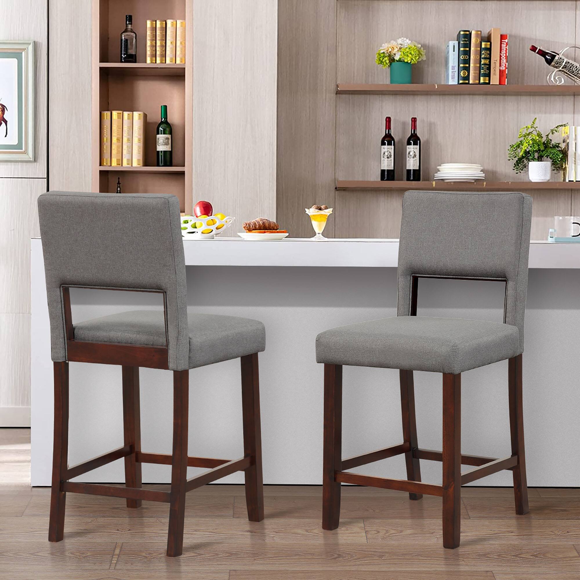 Alt View 1. Gymax - Gymax 4-Piece Linen Fabric Counter Height Bar Stool Set w/ Back & Rubber Wood Legs Grey - Grey+Brown.