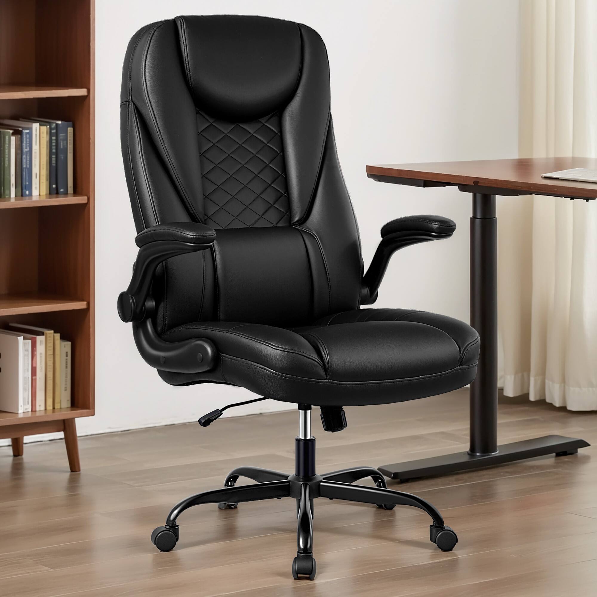 Alt View 3. KERDOM - Ergonomic PU Leather Chair with Flip-Up Arms, Executive Manager Chair, High Back Home Office Desk Chair Computer Chair - Black.